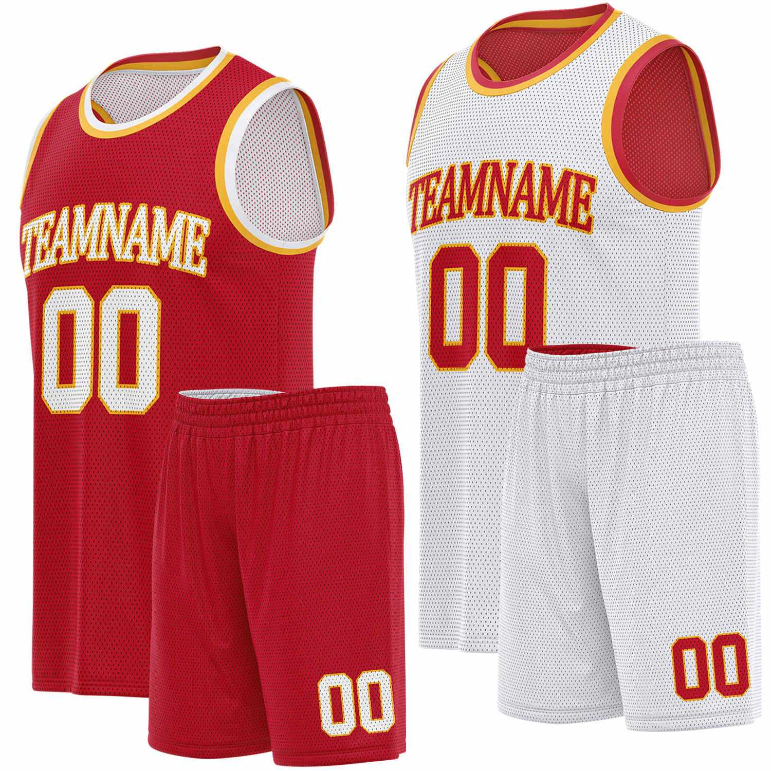 Custom reversible red & white basketball uniform set, personalized team name number logo breathable mesh sports jersey and shorts for men women youth game practice - Vosoli