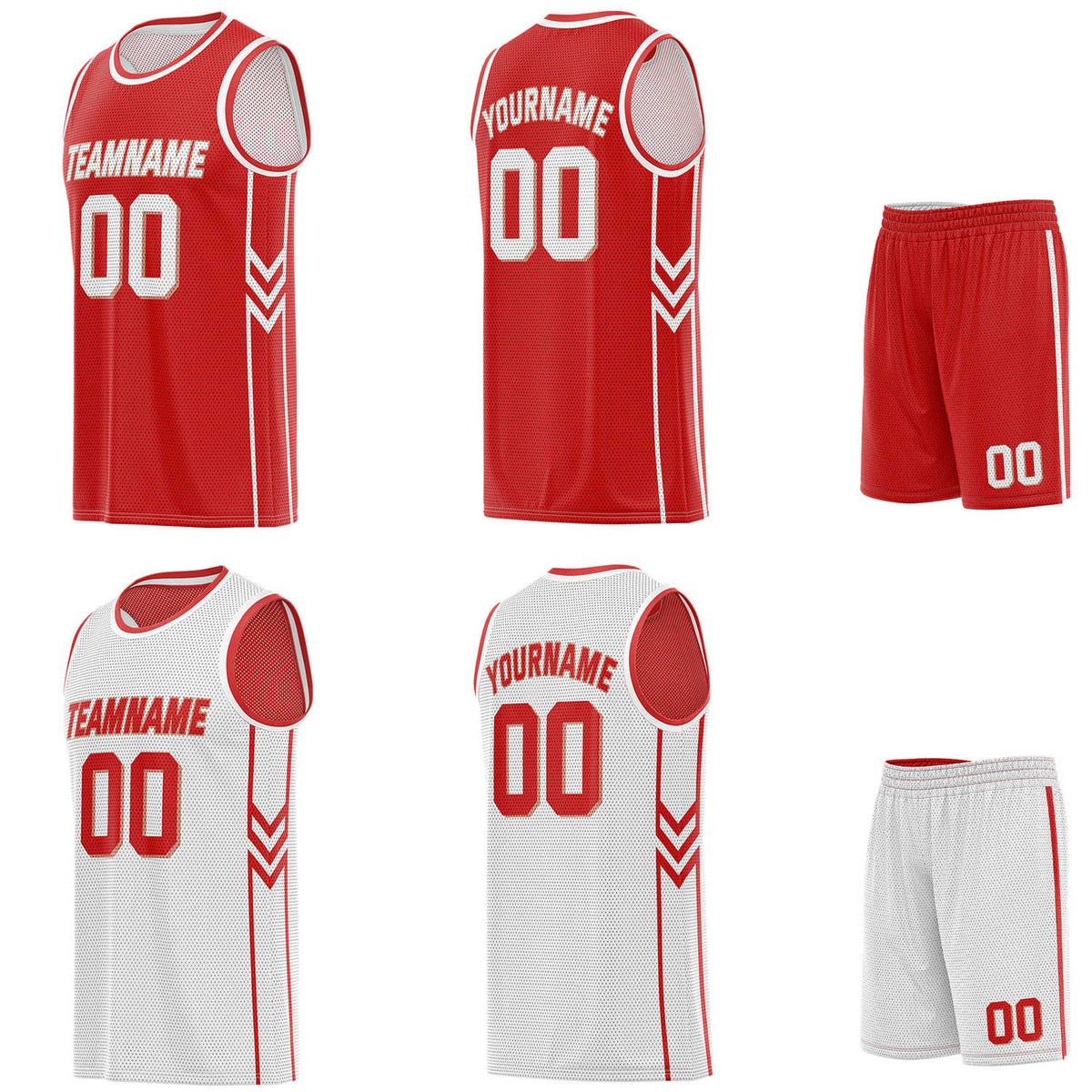 Custom reversible red &amp; white basketball uniform set, personalized with team name number and logo, breathable mesh fabric for men women youth game practice - Vosoli