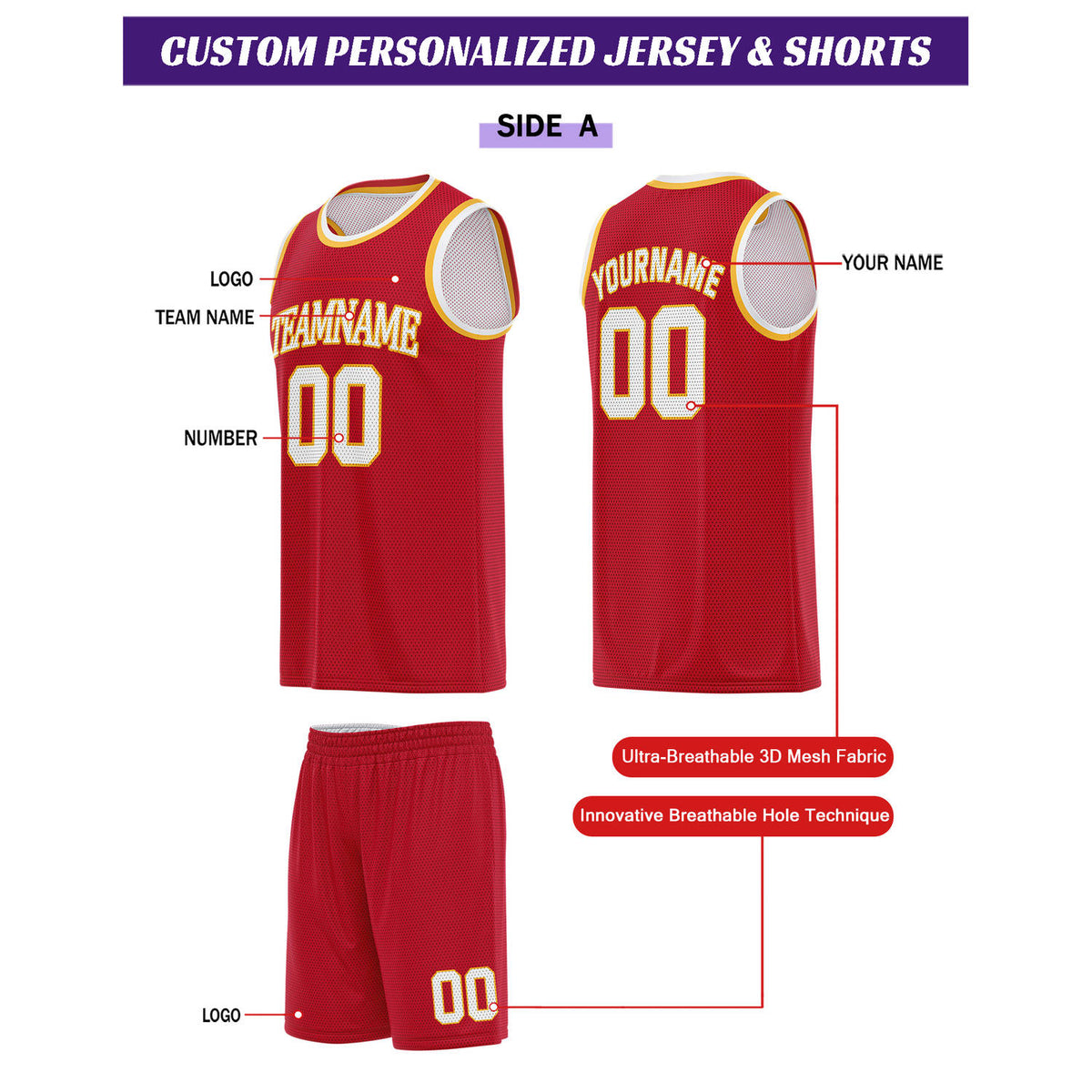 Custom Reversible Red & White Basketball Uniform Set | Personalized for Team Sports Practice - Vosoli