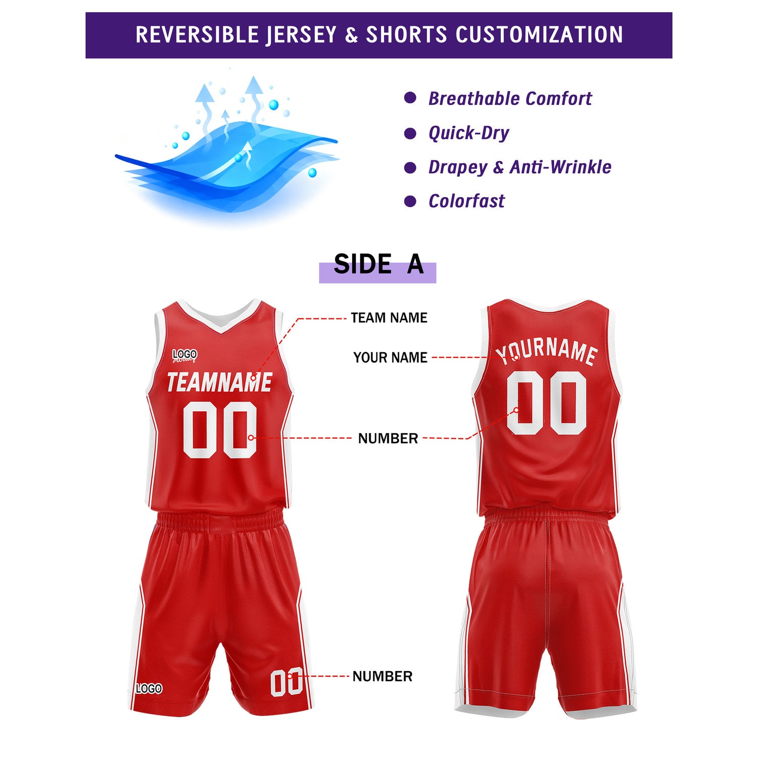 Custom Reversible Red White Basketball Jersey and Shorts Set, Personalized Team Name Number Breathable Mesh Uniform for Men Women Youth