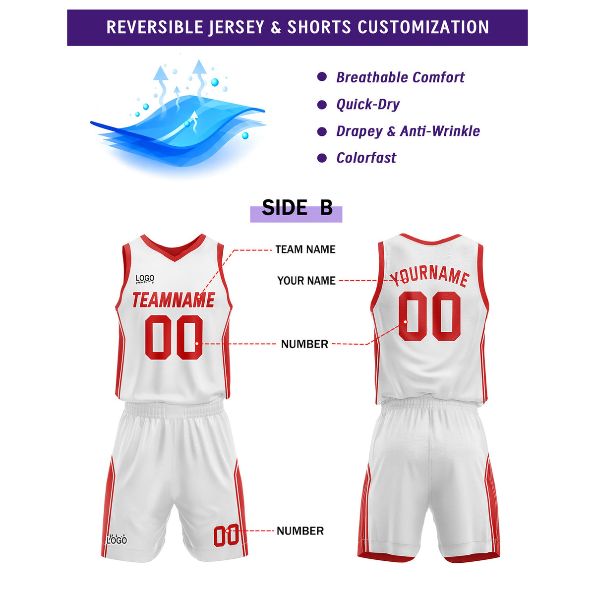 Custom Reversible Red White Basketball Uniform Set | Personalized Name & Number - Vosoli