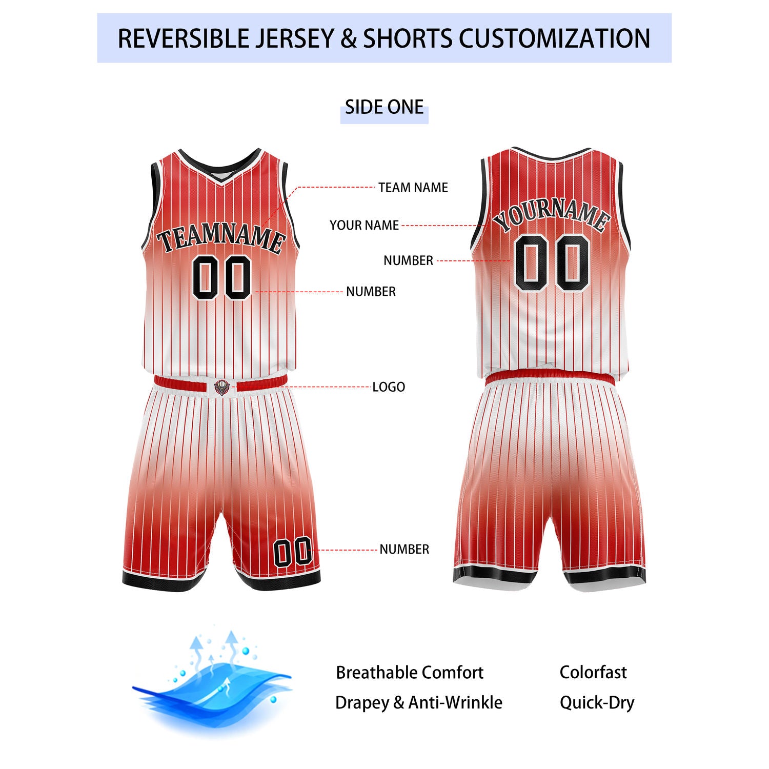 Custom Reversible Red White Gradient Striped Basketball Uniform Set | Team & Player Name - Vosoli