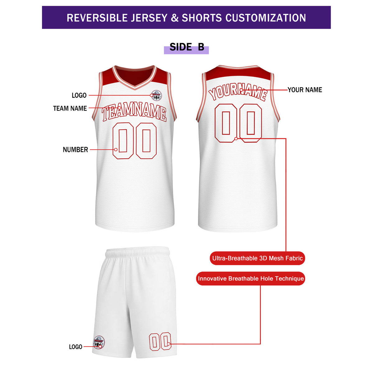 Custom Reversible Red White Basketball Uniform Set | Team Name & Number - Vosoli