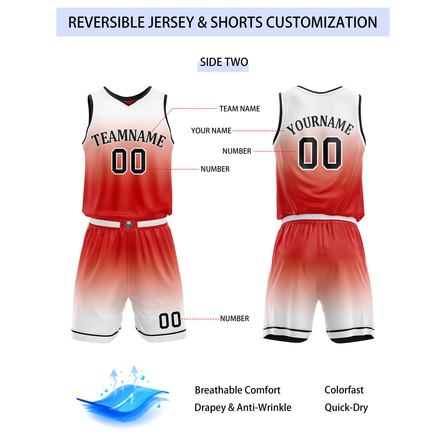 Custom Reversible Red White Gradient Striped Basketball Uniform Set | Team & Player Name - Vosoli