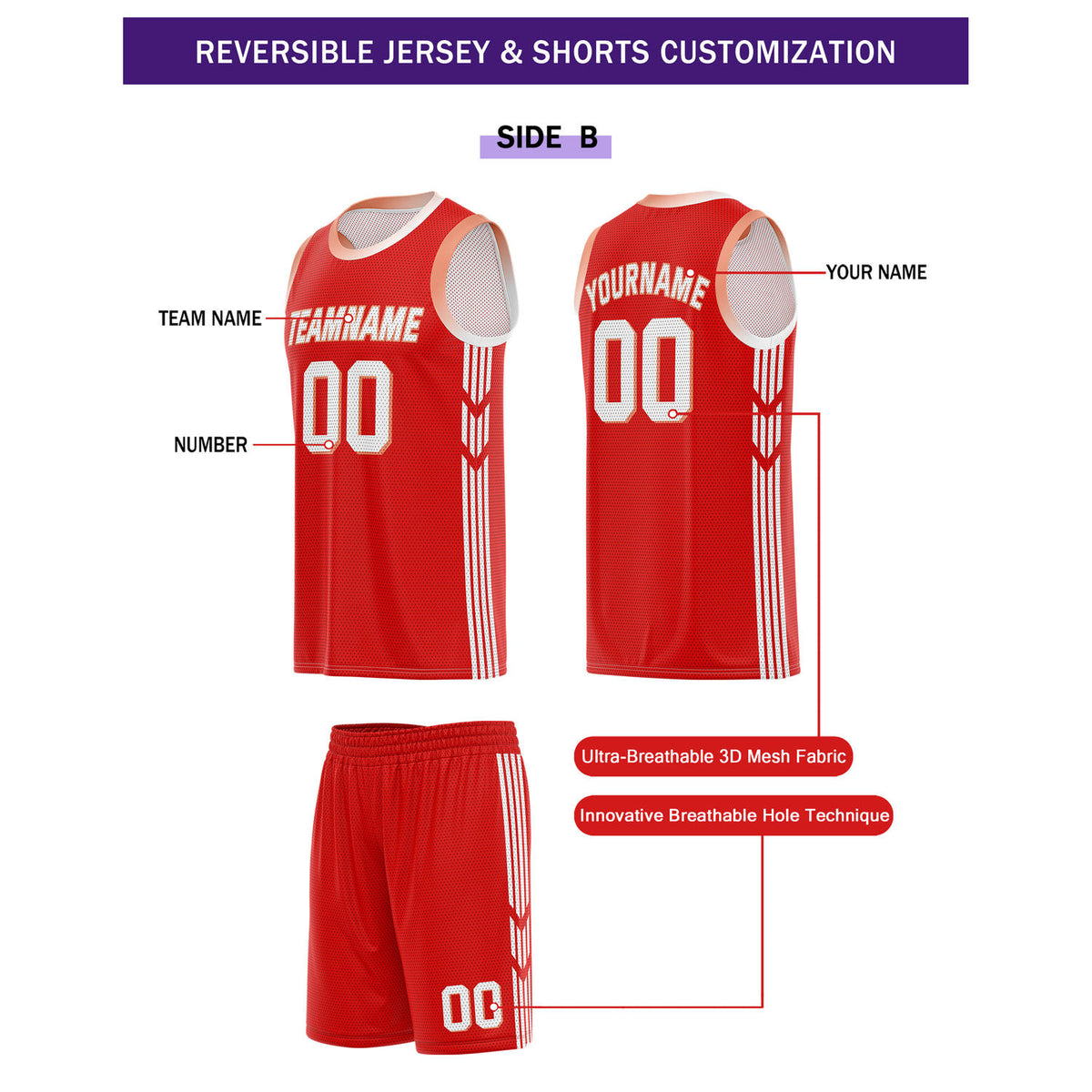 Custom Reversible Red White Basketball Uniform Set | Team & Player Name - Vosoli