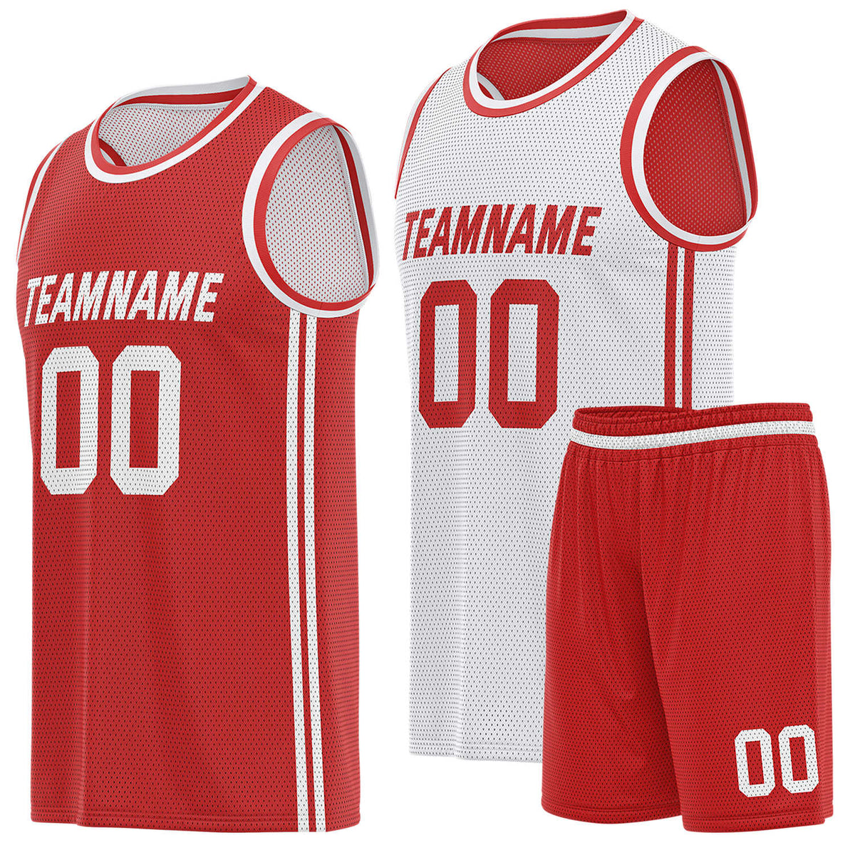 Custom reversible red &amp; white basketball uniform (jersey + shorts), personalized team name number logo breathable mesh sports set for men women youth game practice - Vosoli