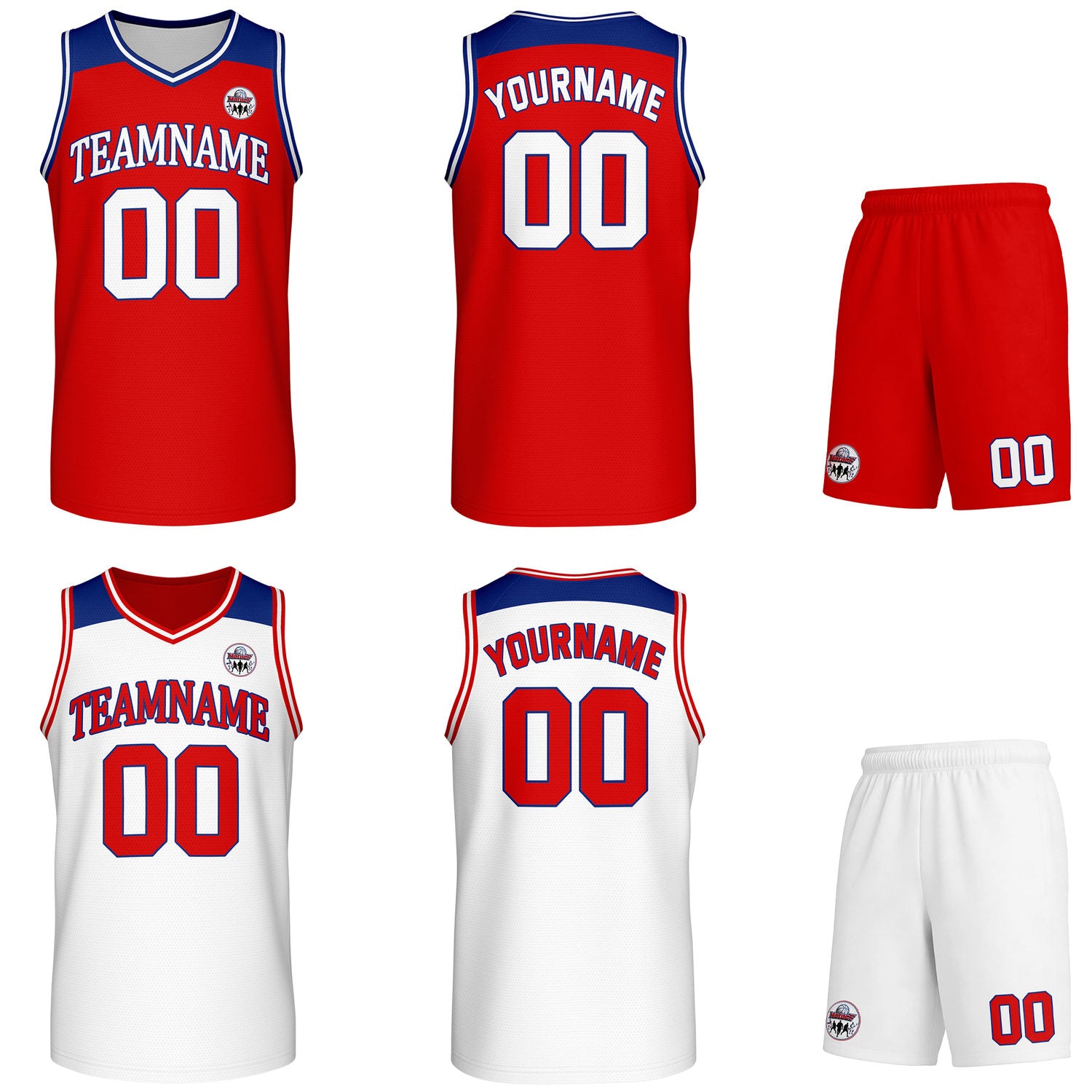 Custom reversible red & white basketball uniform set, personalized with team name number and logo, breathable mesh fabric for men women youth game practice - Vosoli