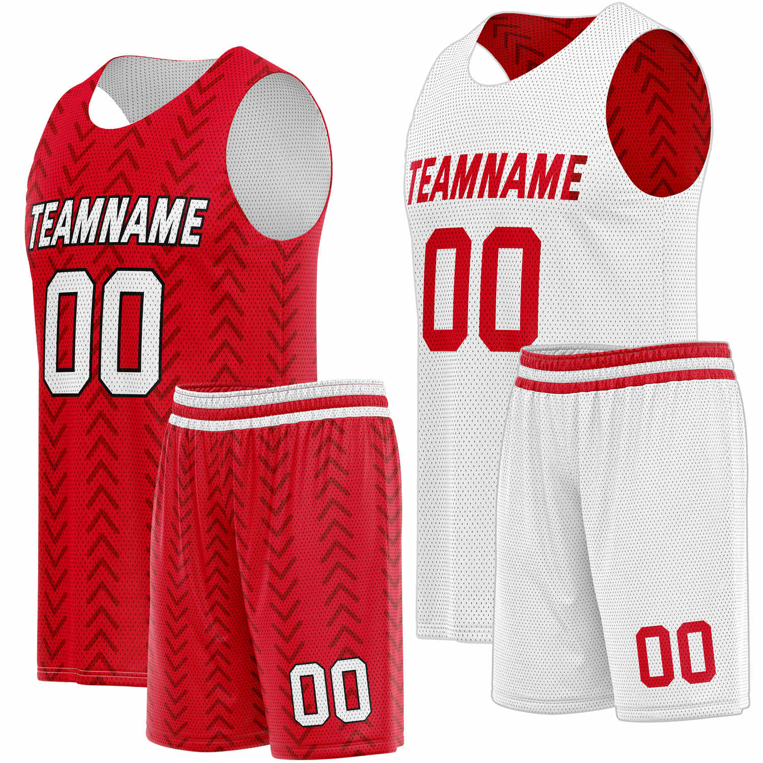 Custom Reversible Basketball Jersey + Shorts Set (Red & White Chevron) - Personalized Team Name, Number & LOGO | Vosoli