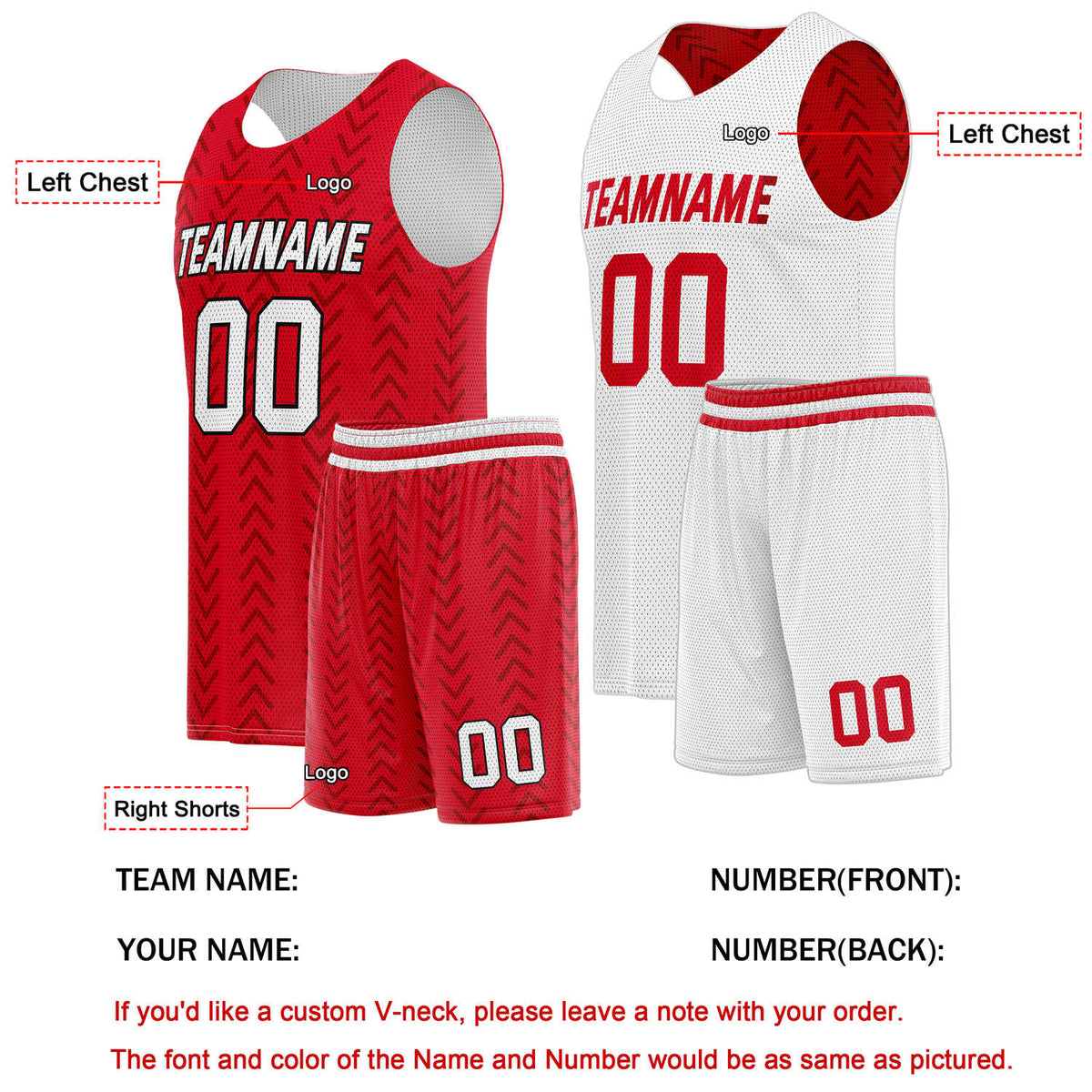 Custom Reversible Basketball Jersey + Shorts Set (Red & White Chevron) - Personalized Team Name, Number & LOGO | Vosoli