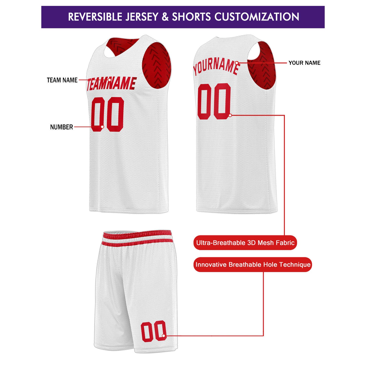 Custom Reversible Basketball Jersey + Shorts Set (Red & White Chevron) - Personalized Team Name, Number & LOGO | Vosoli