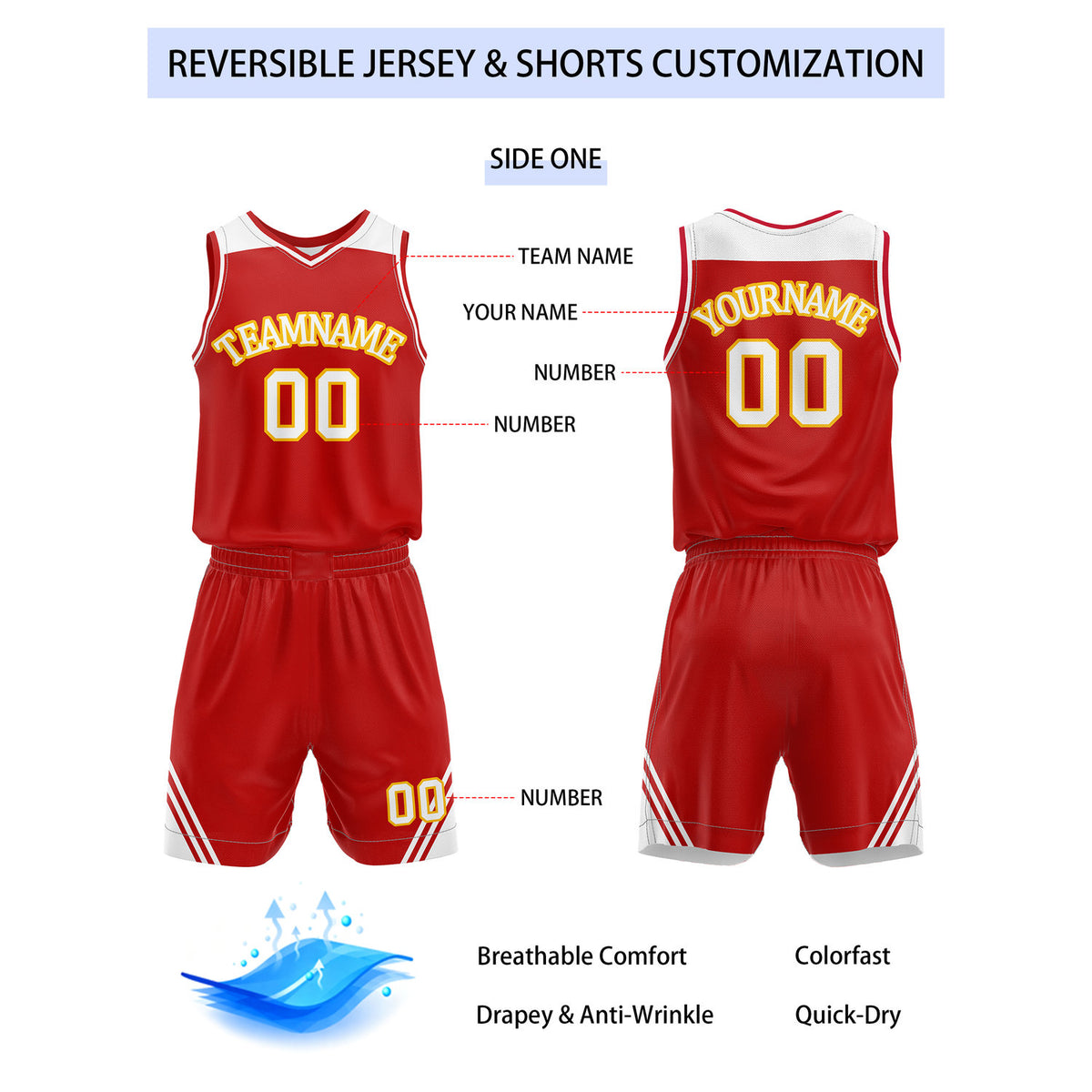Custom Reversible Red White Gold Basketball Uniform Set | Team Name & Number - Vosoli