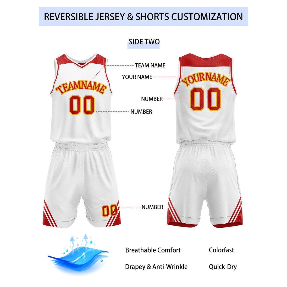 Custom Reversible Red White Gold Basketball Uniform Set | Team Name & Number - Vosoli