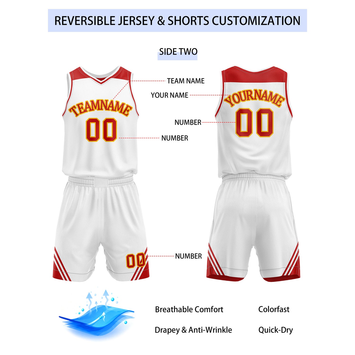 Custom Reversible Red White Gold Basketball Uniform Set | Team Name & Number - Vosoli