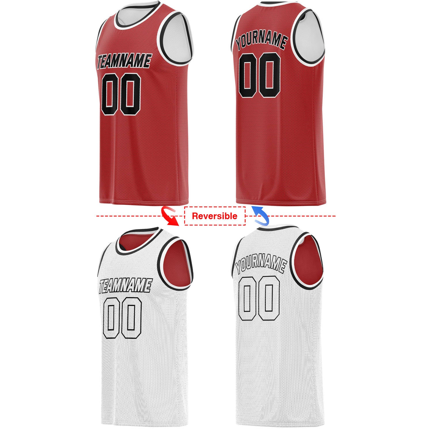 Custom reversible red white basketball jersey, personalized team name number Logo breathable Mesh sports top for men women youth game practice - Vosoli