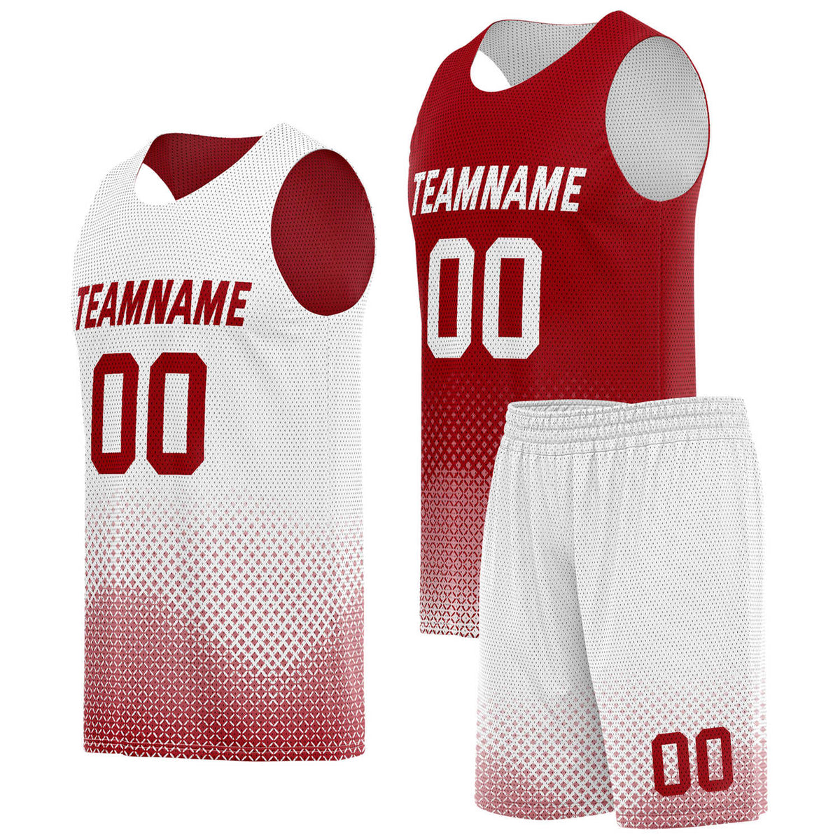 Custom reversible red white basketball uniform, personalized team name number logo breathable Mesh sports set for men women youth game practice wear - Vosoli