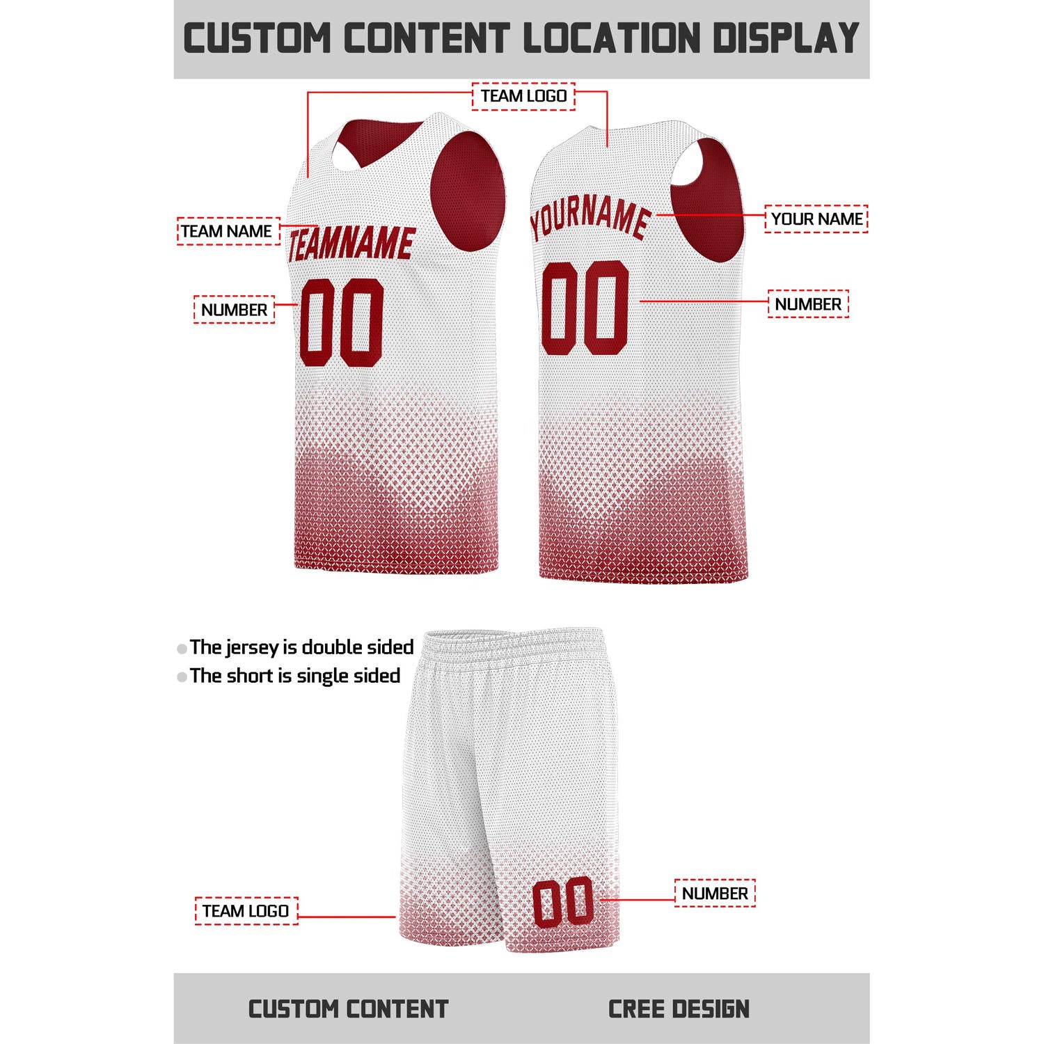 Custom reversible red white basketball uniform, personalized team name number logo breathable Mesh sports set for men women youth game practice wear - Vosoli