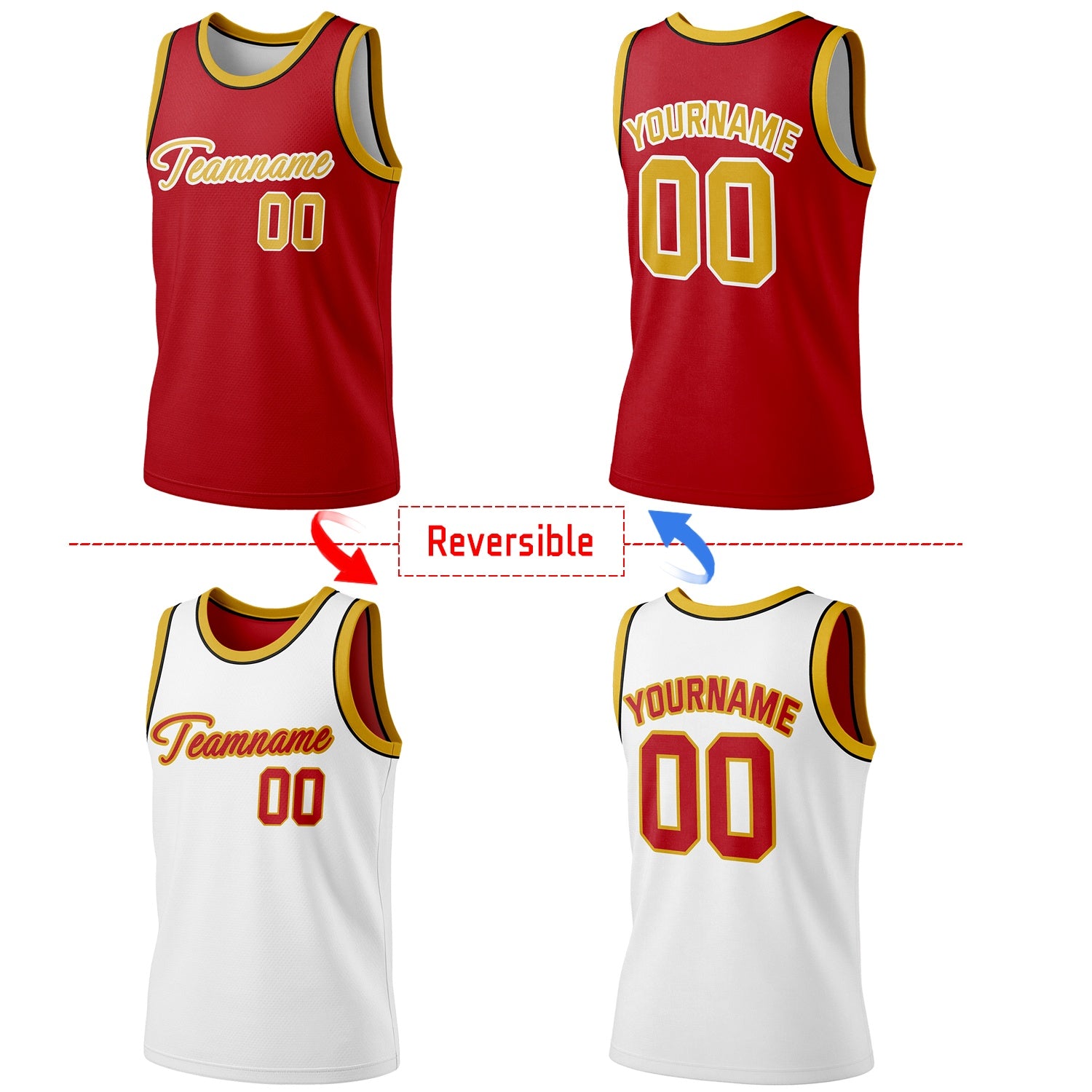 Custom reversible red & white basketball jersey, personalized script team name number Logo breathable sports top for men women youth Adult game practice - Vosoli