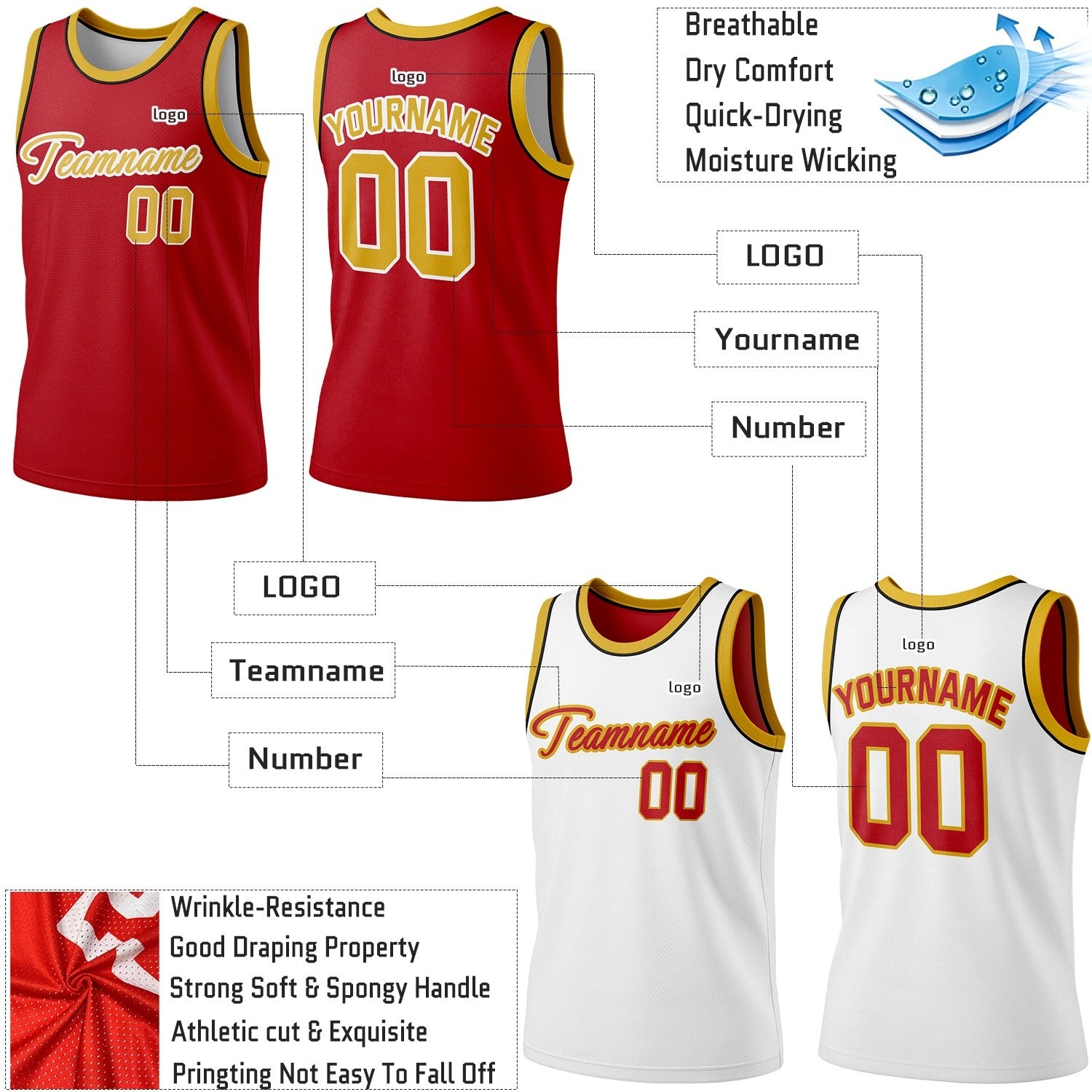 Custom Reversible Red & White Basketball Jersey | Personalized Team Jersey | Vosoli