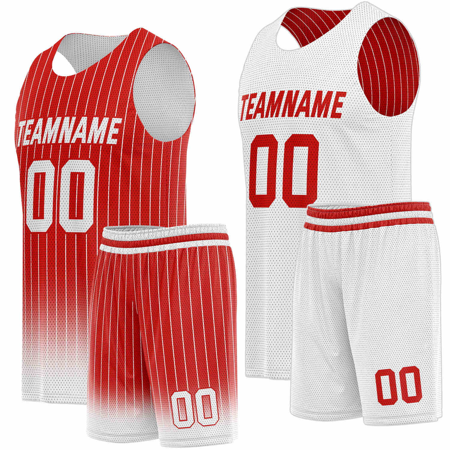 Custom Reversible Basketball Jersey + Shorts Set (Red & White Stripe) - Personalized Team Name, Number & LOGO | Vosoli