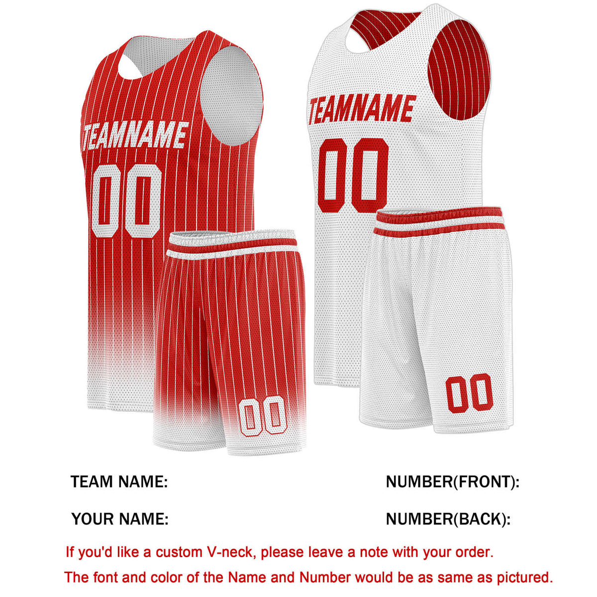 Custom Reversible Basketball Jersey + Shorts Set (Red & White Stripe) - Personalized Team Name, Number & LOGO | Vosoli