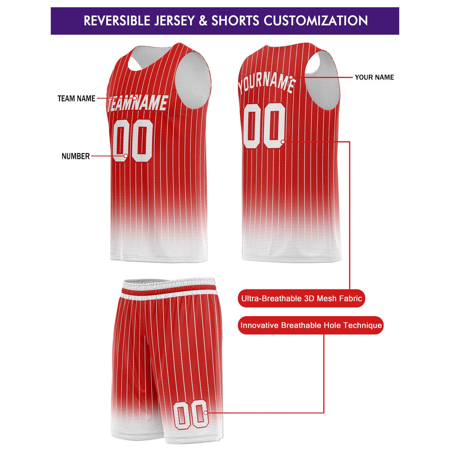 Custom Reversible Basketball Jersey + Shorts Set (Red & White Stripe) - Personalized Team Name, Number & LOGO | Vosoli