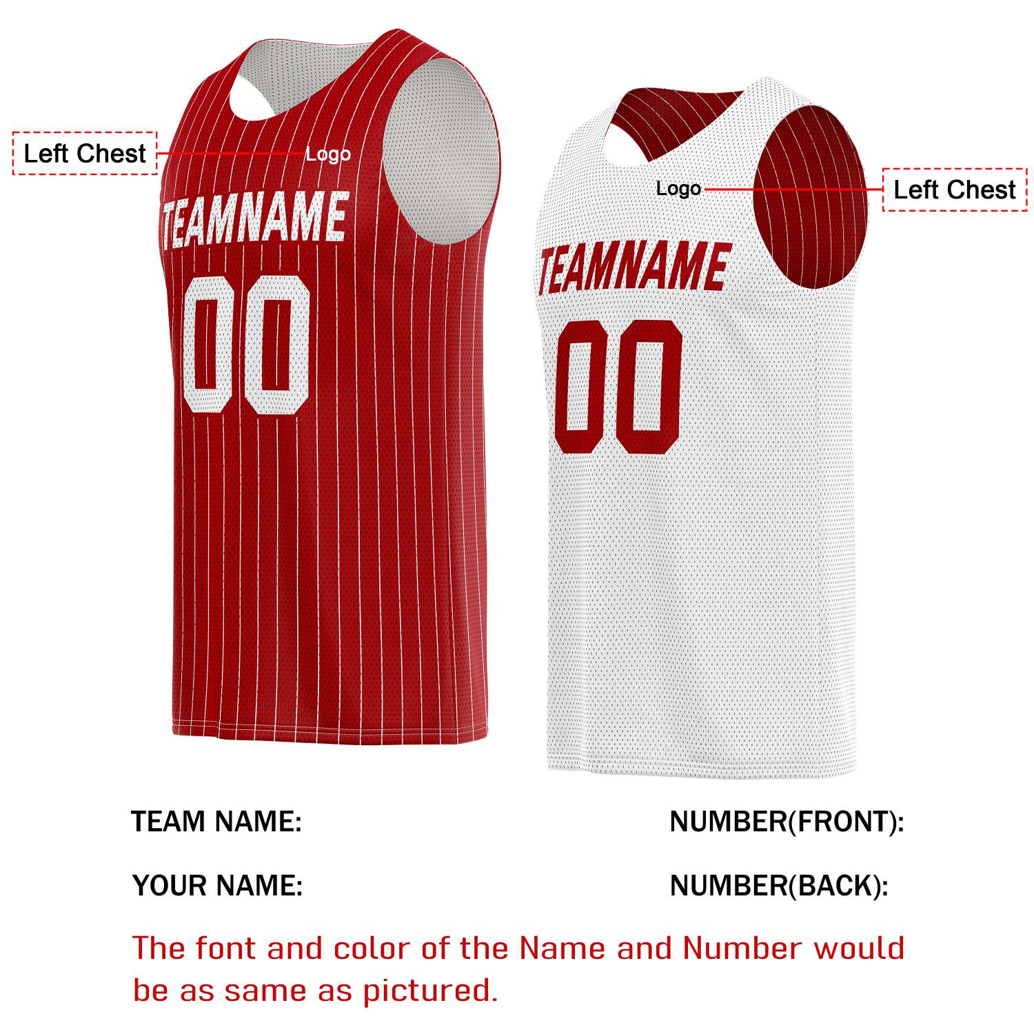 Custom Reversible Red White Striped Basketball Jersey | Personalized Team Name, Number & LOGO | Vosoli