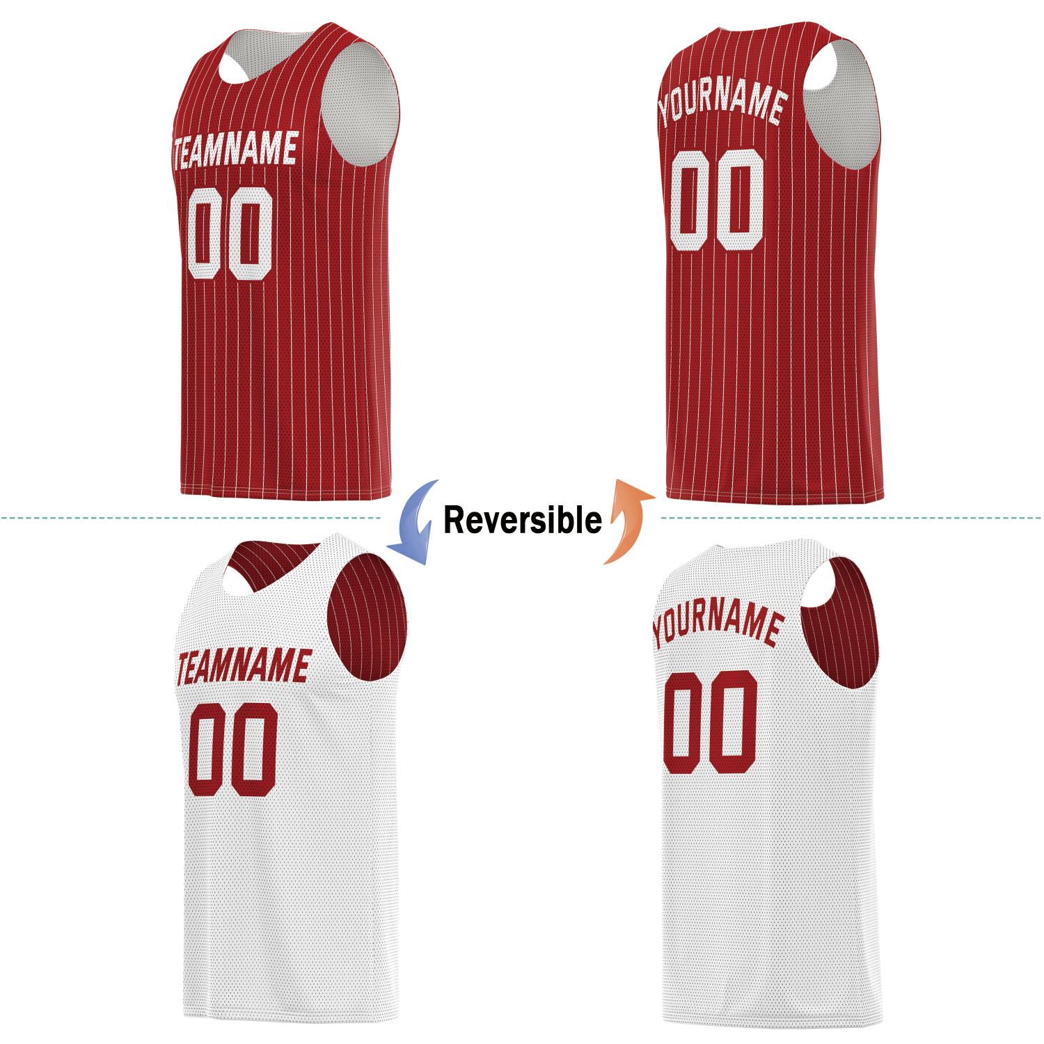 Custom Reversible Red White Pinstripe Basketball Jersey, Personalized Team Name Number Breathable Mesh Uniform for Men Women Youth