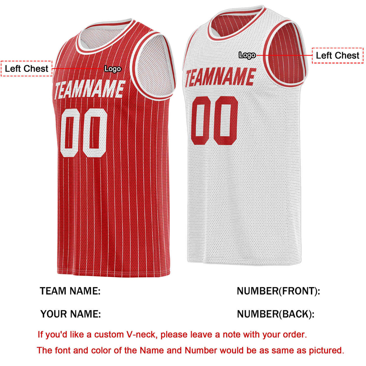 Custom Reversible Red White Striped Mesh Basketball Jersey | Team & Player Name - Vosoli