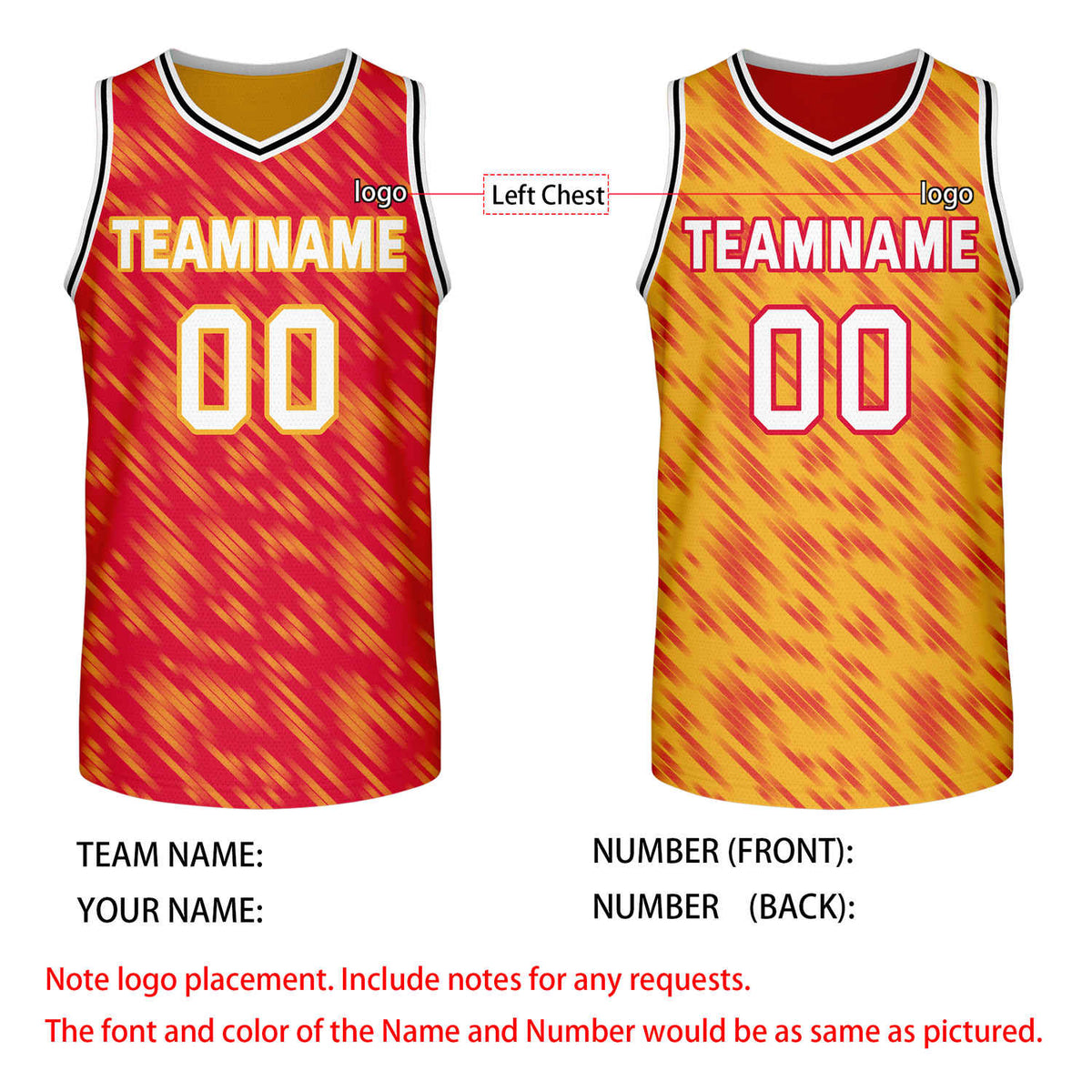 Custom Reversible Red Yellow Stripe Basketball Jersey | Team & Player Name - Vosoli
