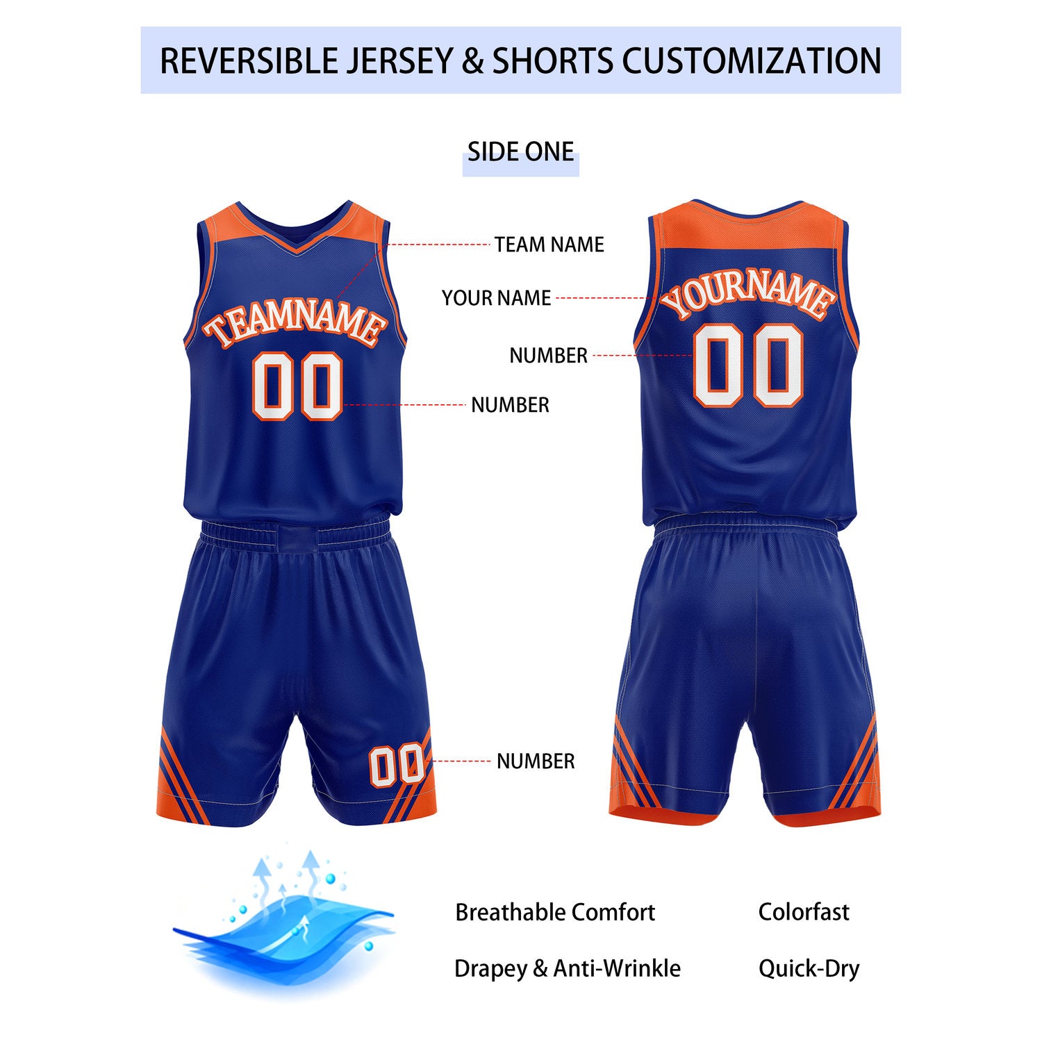 Custom Reversible Royal Blue Orange Basketball Uniform Set | Team Name & Number - Vosoli