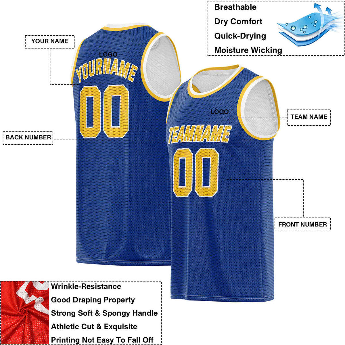 Custom Reversible Royal Blue & White Accented Mesh Basketball Jersey | Personalized Team Jersey | Vosoli