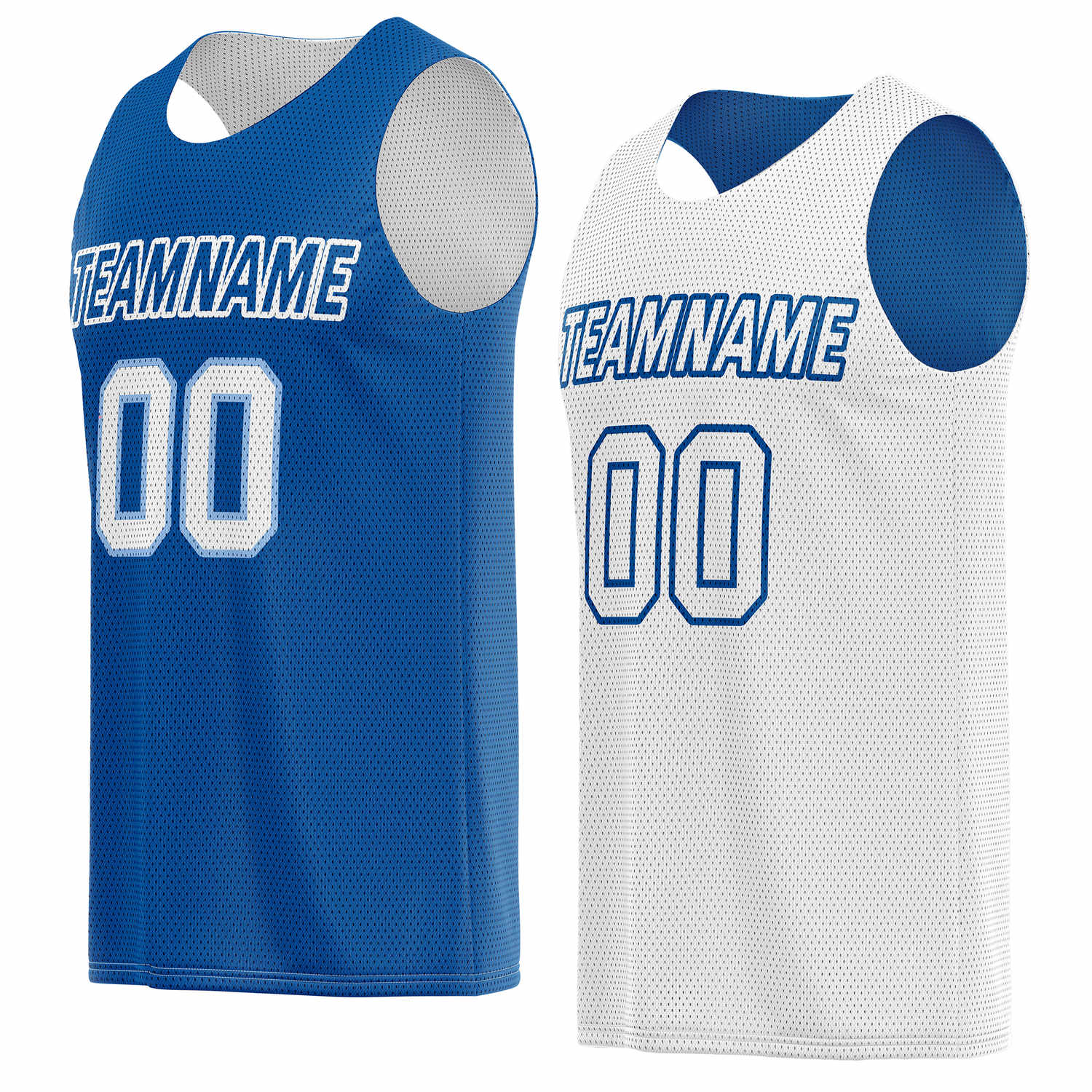 Custom reversible blue & white basketball jersey, personalized team name number logo breathable mesh sports top for men women youth game practice wear - Vosoli