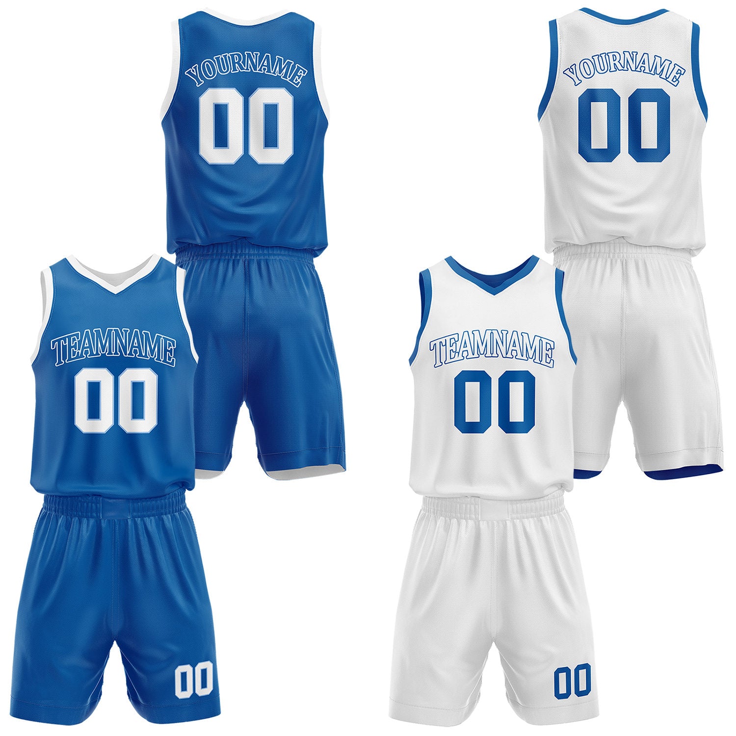 Custom reversible blue & white basketball uniform set, personalized with team name number and logo, sports jersey and shorts for men women youth game practice - Vosoli