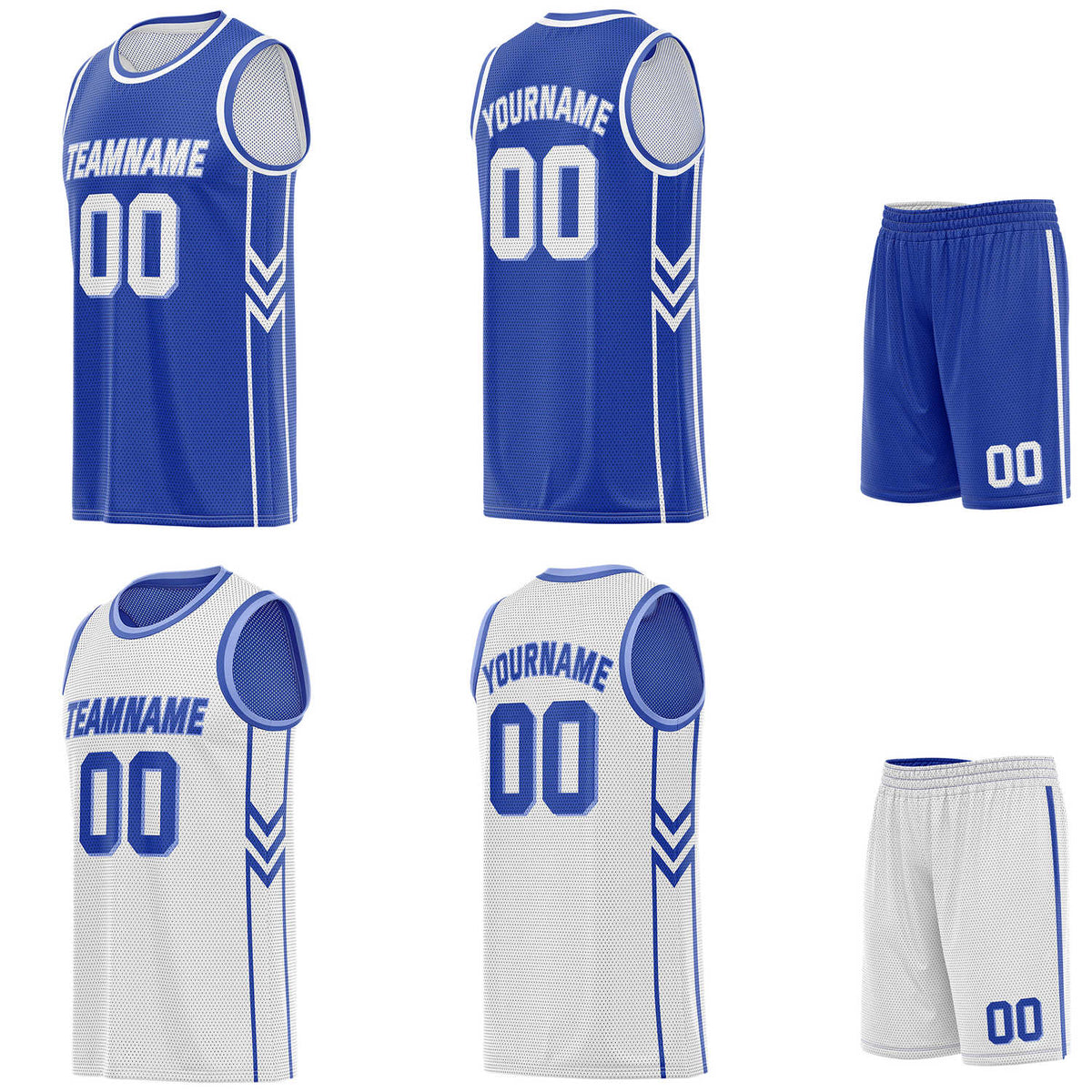 Custom reversible royal blue &amp; white basketball uniform set, personalized with team name number and logo, breathable mesh fabric for men women youth game practice - Vosoli