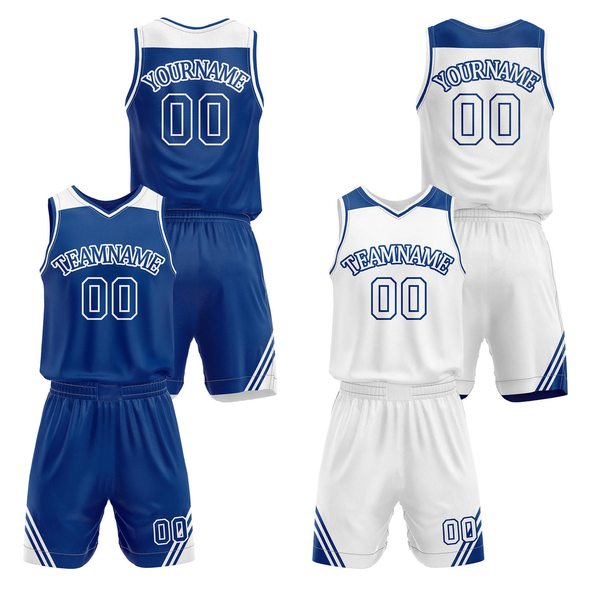 Custom reversible royal blue &amp; white basketball uniform set, personalized with team name number and logo, breathable mesh fabric for men women youth game practice - Vosoli
