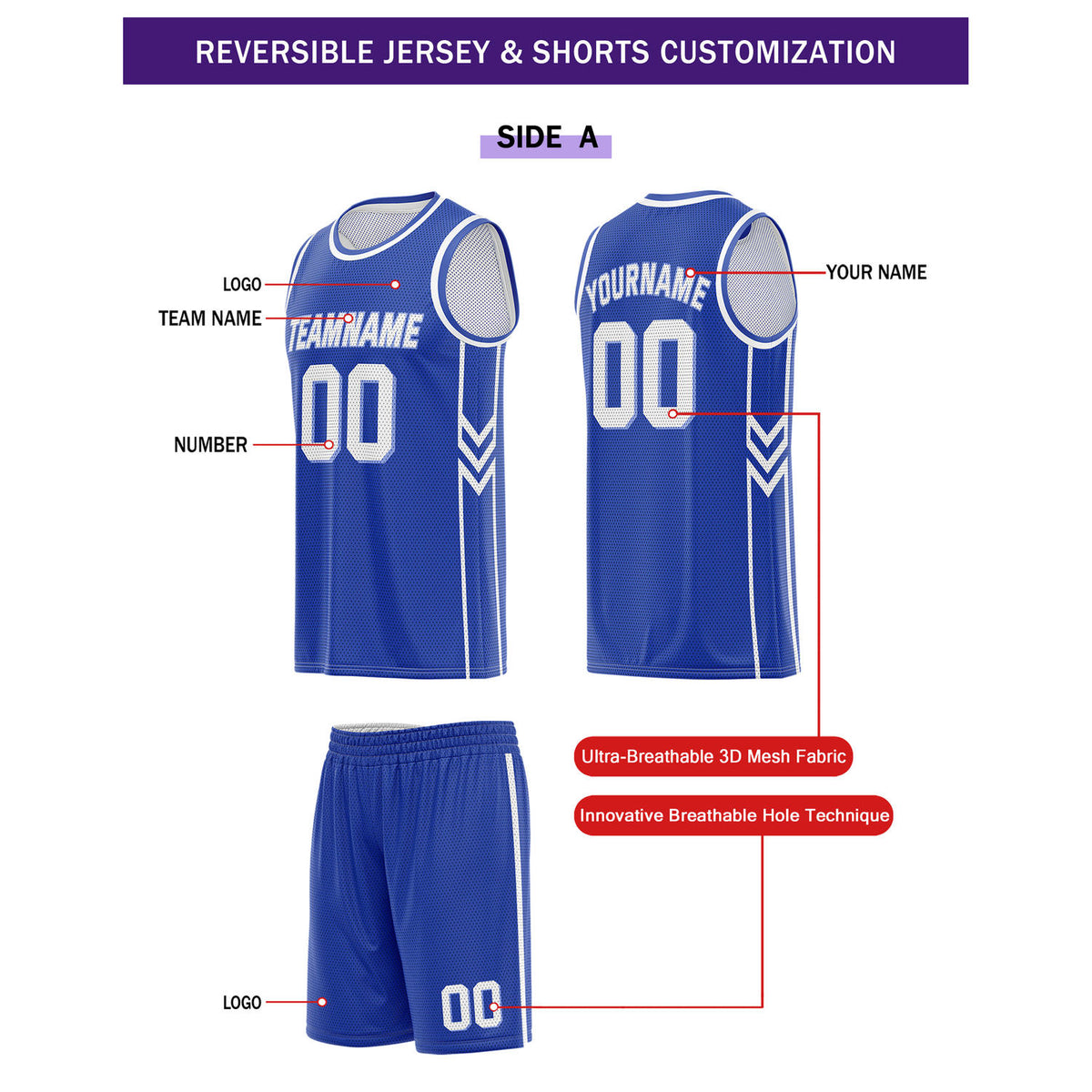 Custom Reversible Royal Blue White Basketball Uniform Set | Team Name & Number - Vosoli