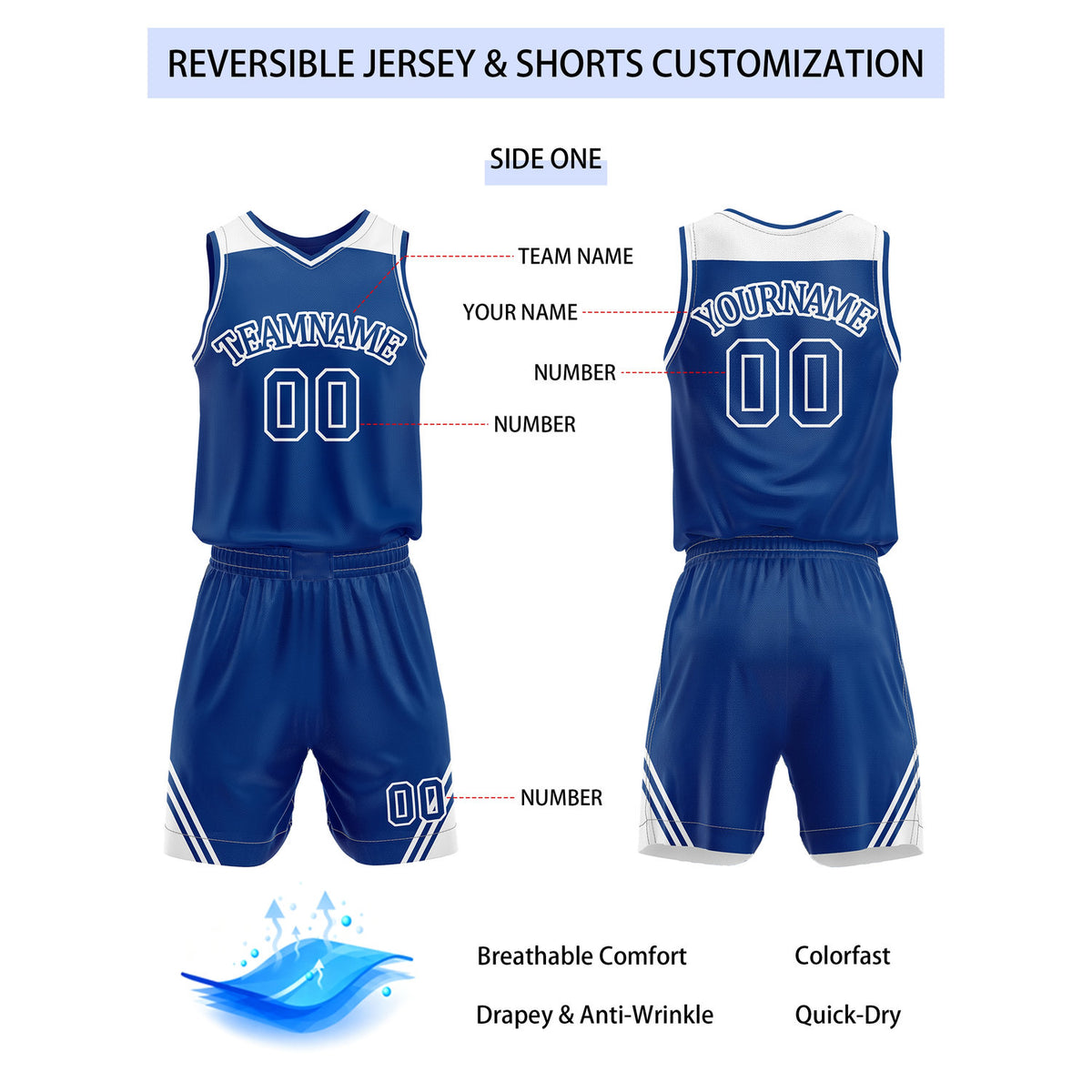 Custom Reversible Royal Blue White Basketball Uniform Set | Team Name & Number - Vosoli