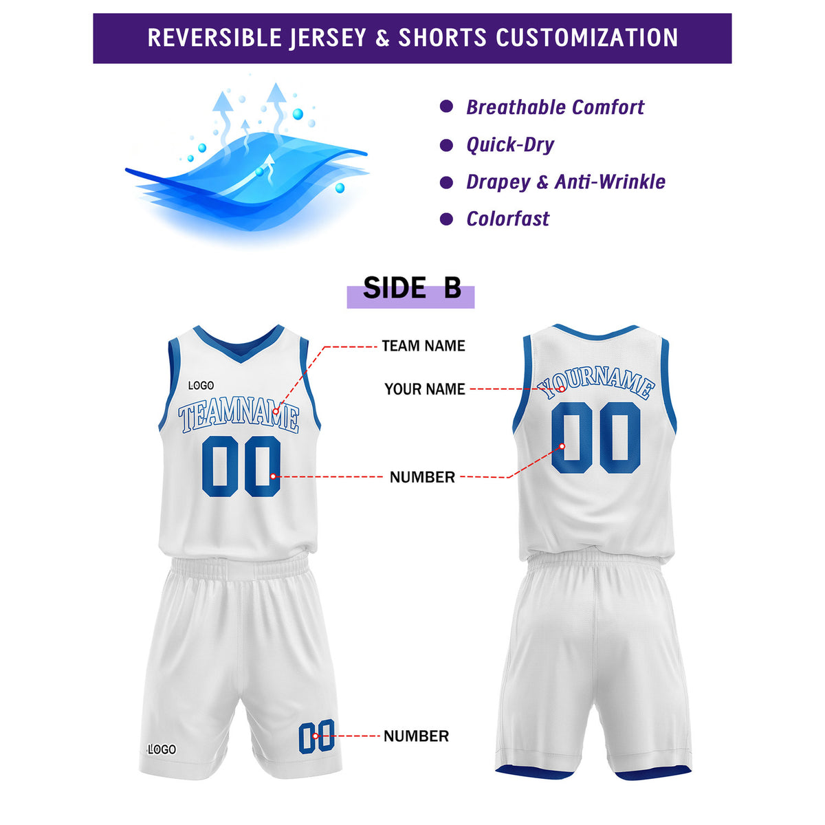 Custom Reversible Royal Blue White Basketball Uniform Set | Team Name & Number - Vosoli