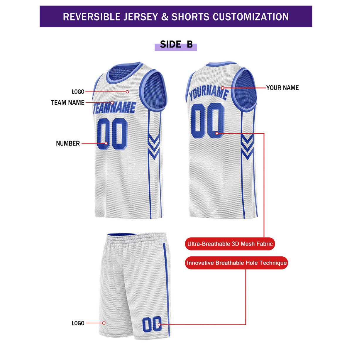 Custom Reversible Royal Blue White Basketball Uniform Set | Team Name & Number - Vosoli