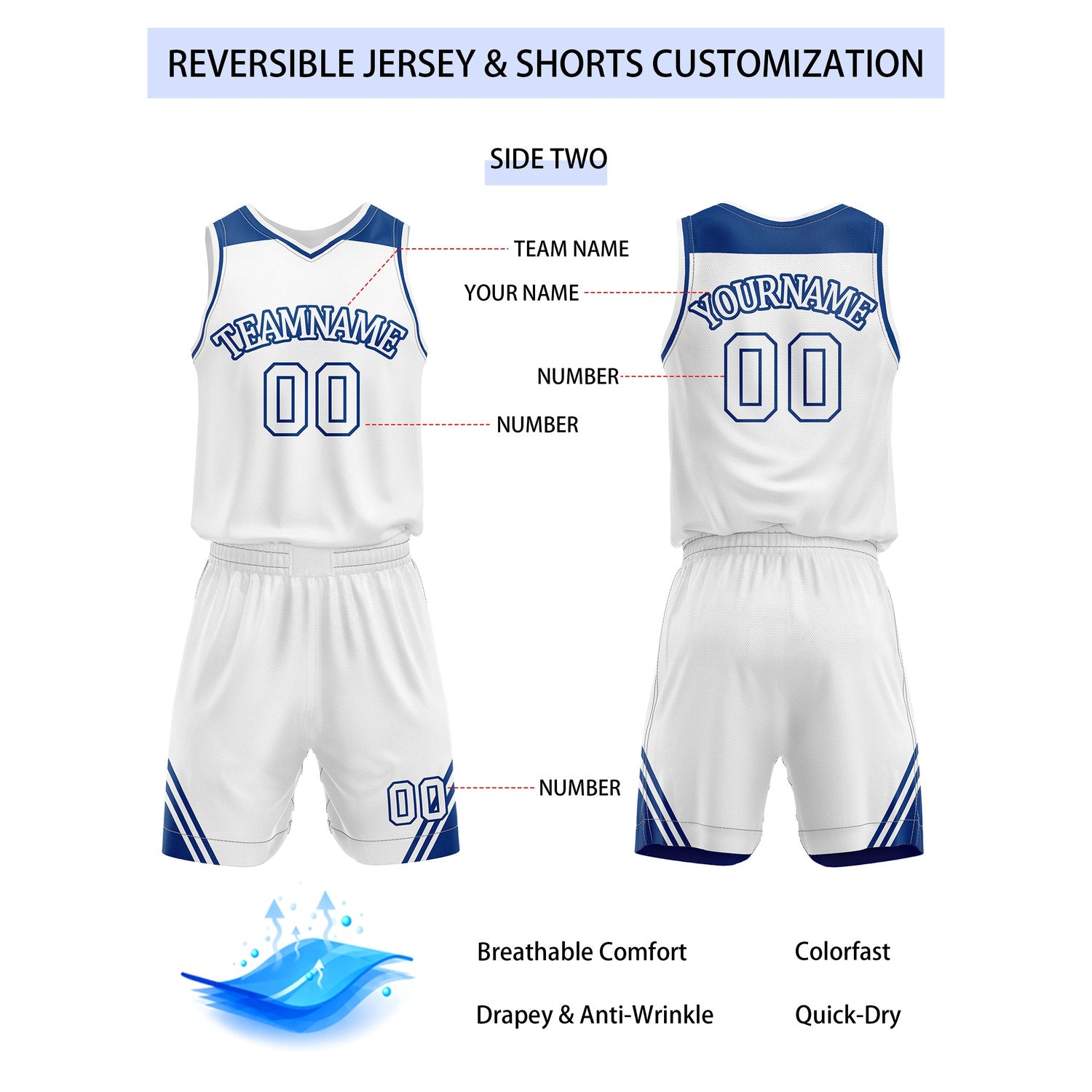 Custom Reversible Royal Blue White Basketball Uniform Set | Team Name & Number - Vosoli