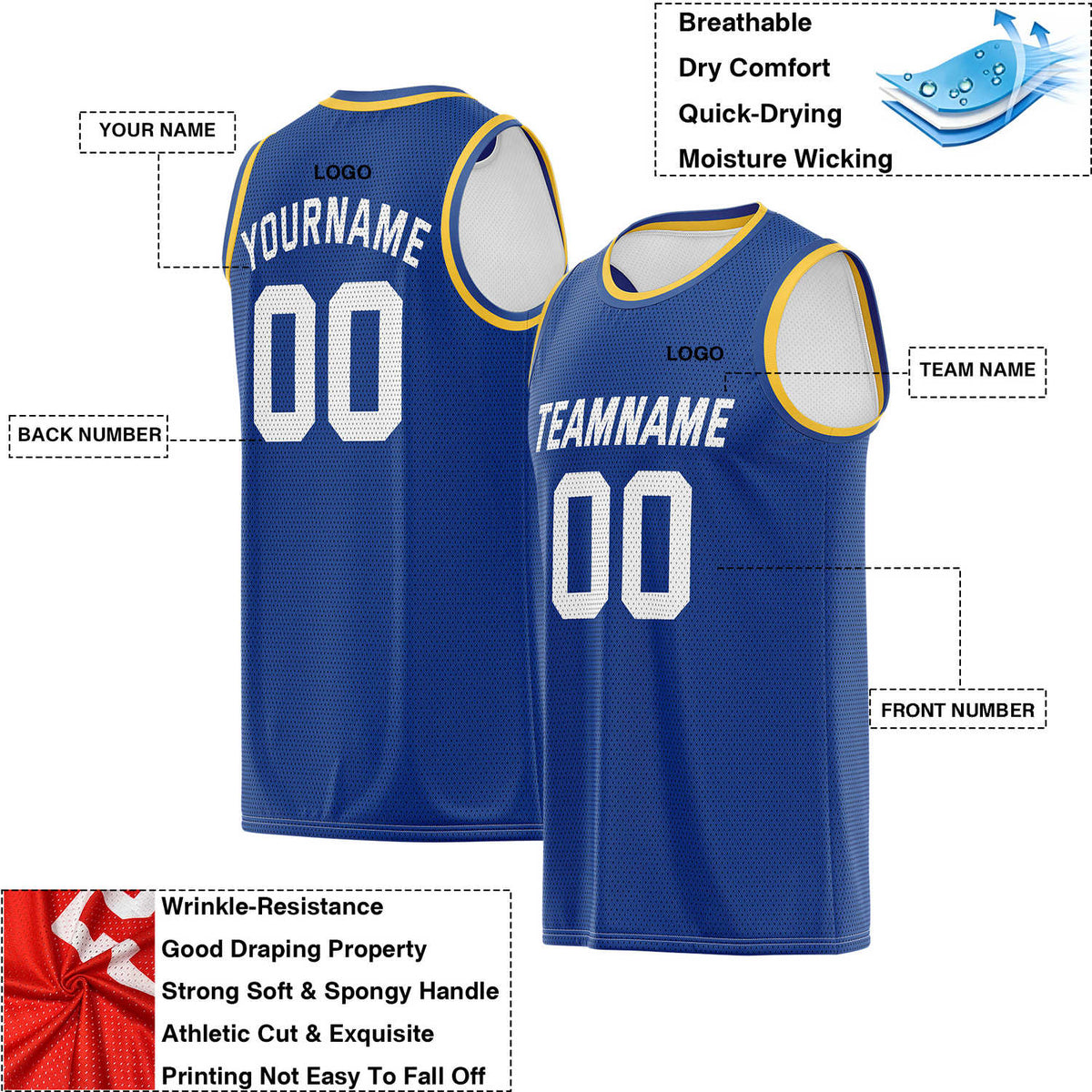 Custom Reversible Royal Blue & White Mesh Basketball Jersey | Personalized Team Jersey | Vosoli