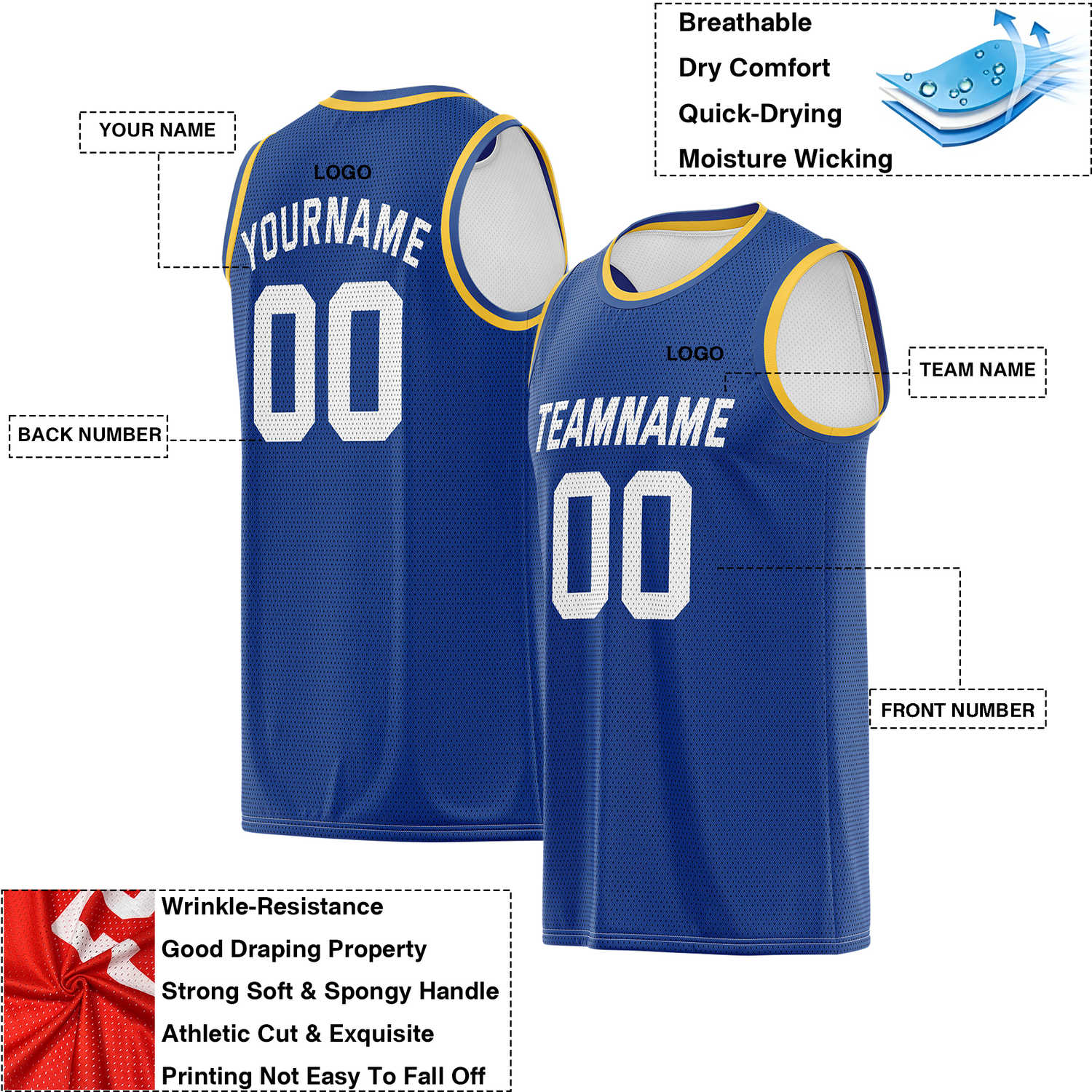 Custom Reversible Royal Blue & White Mesh Basketball Jersey | Personalized Team Jersey | Vosoli