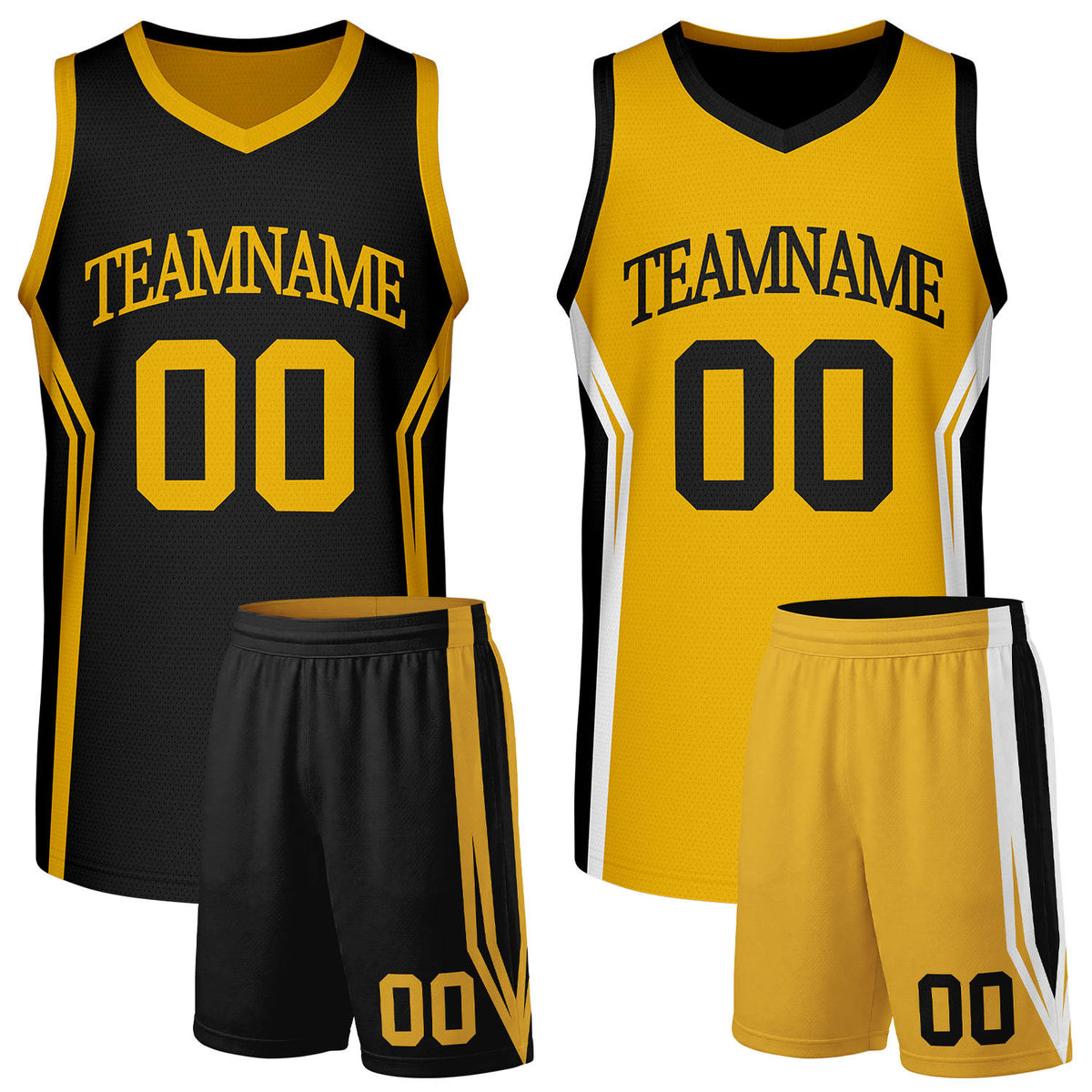 Custom reversible black gold school basketball uniform set with team name & number. Factory-direct, fast shipping.