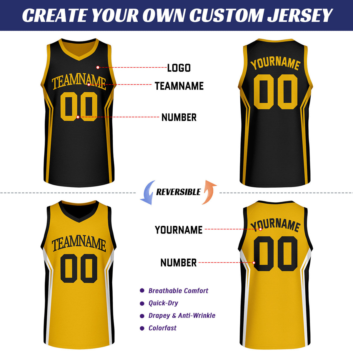 Custom Black & Gold Reversible Basketball Uniform Set | Personalized Team Uniforms for Adult & Youth