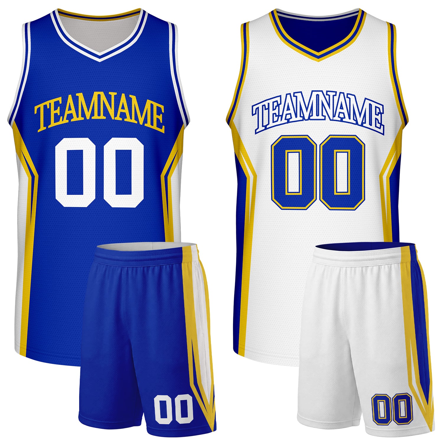 Custom reversible royal blue white school basketball uniform set with team name & number. Factory-direct, fast shipping.
