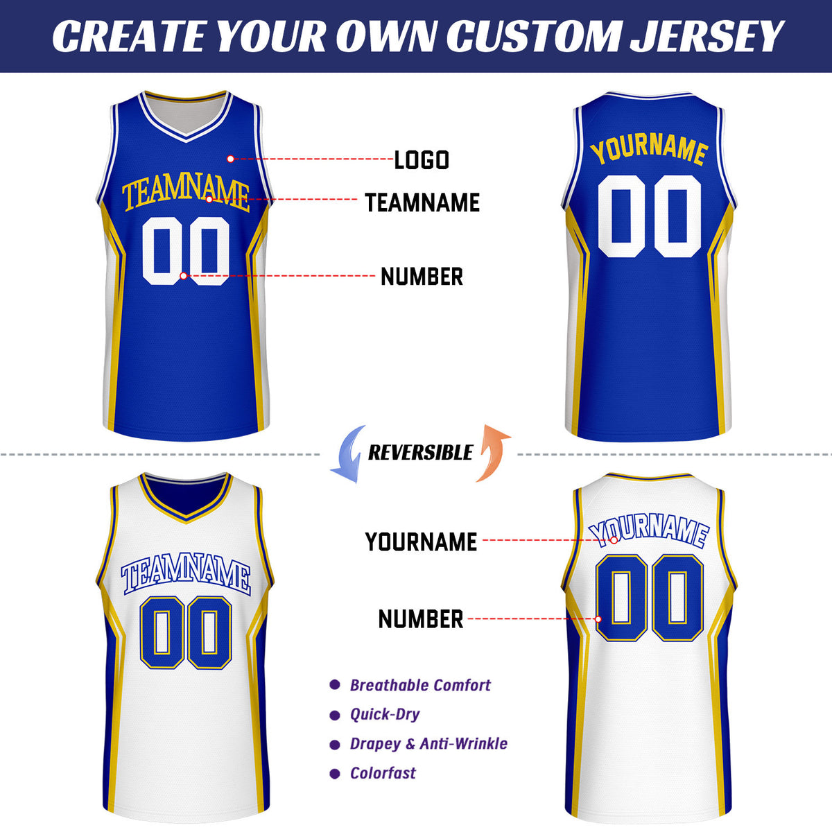 Custom Royal Blue & White Reversible Basketball Uniform Set | Personalized Team Uniforms for Adult & Youth