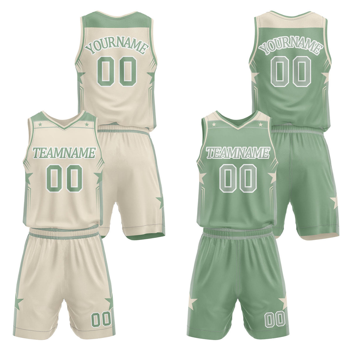 Custom reversible cream &amp; green basketball uniform set, personalized with team name number and logo, breathable mesh fabric for men women youth game practice - Vosoli