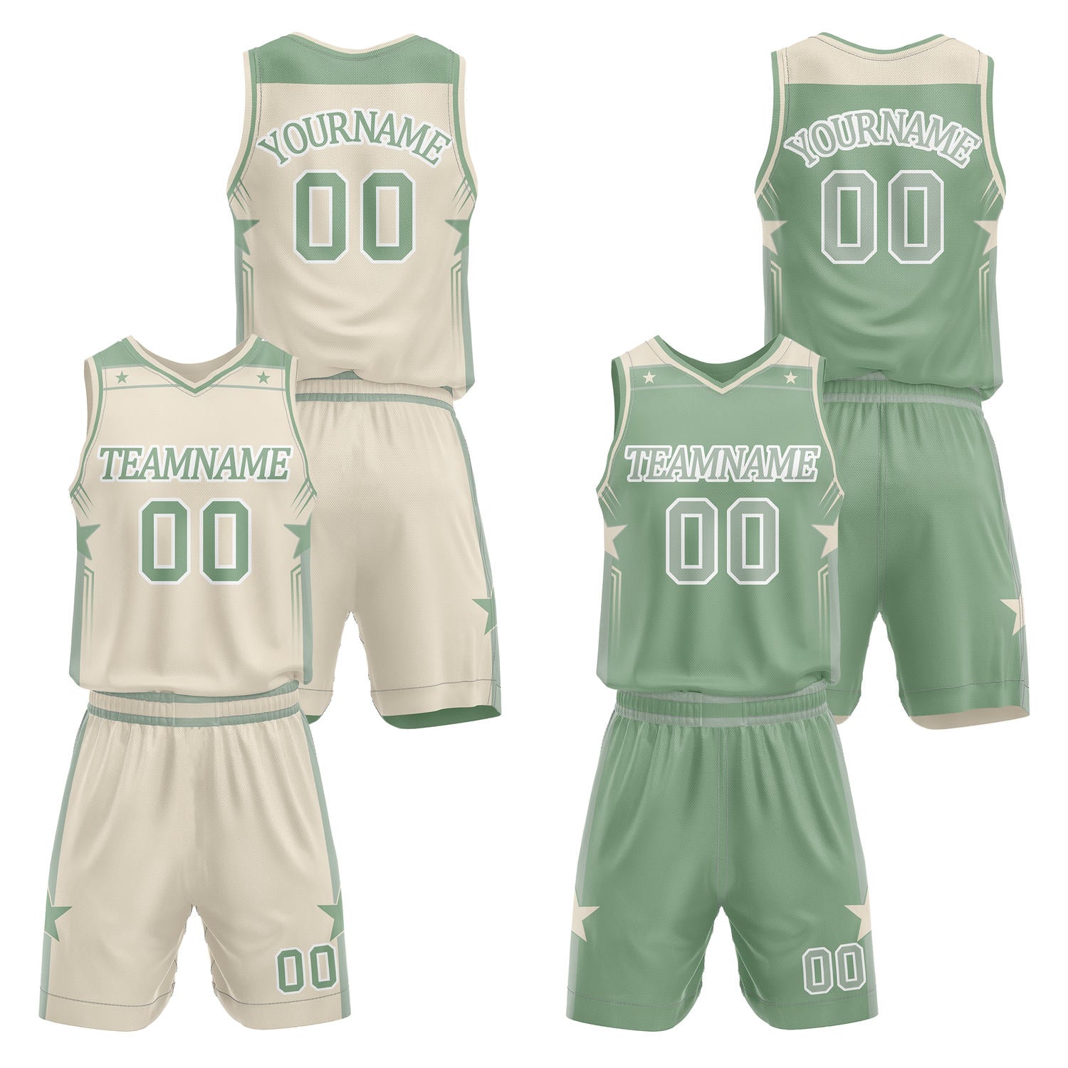 Custom reversible cream & green basketball uniform set, personalized with team name number and logo, breathable mesh fabric for men women youth game practice - Vosoli