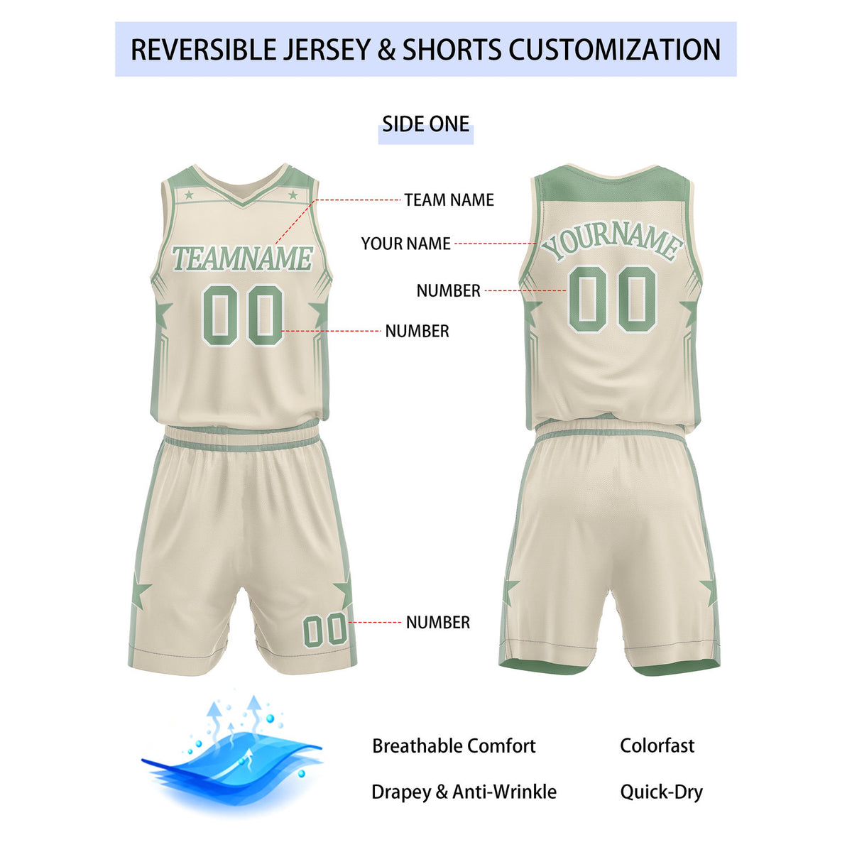 Custom Reversible Soft Green Cream Star Basketball Uniform Set | Team Name & Number - Vosoli