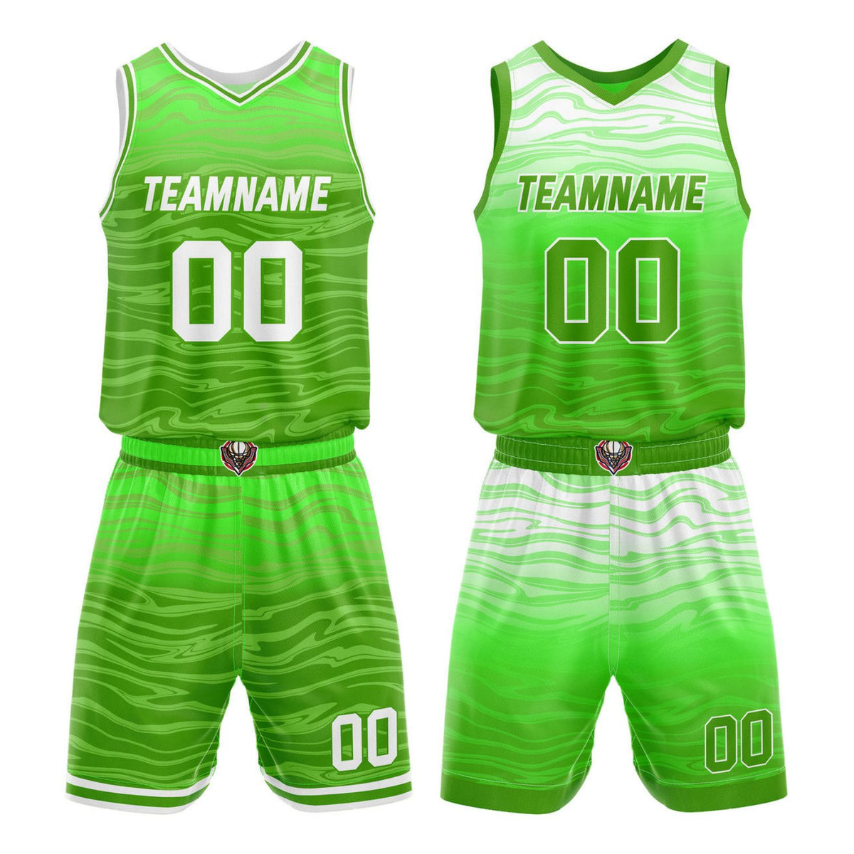 Custom Reversible Solid Green &amp; White Wave Basketball Jersey Set - Personalized Team Name, Number &amp; LOGO | Vosoli